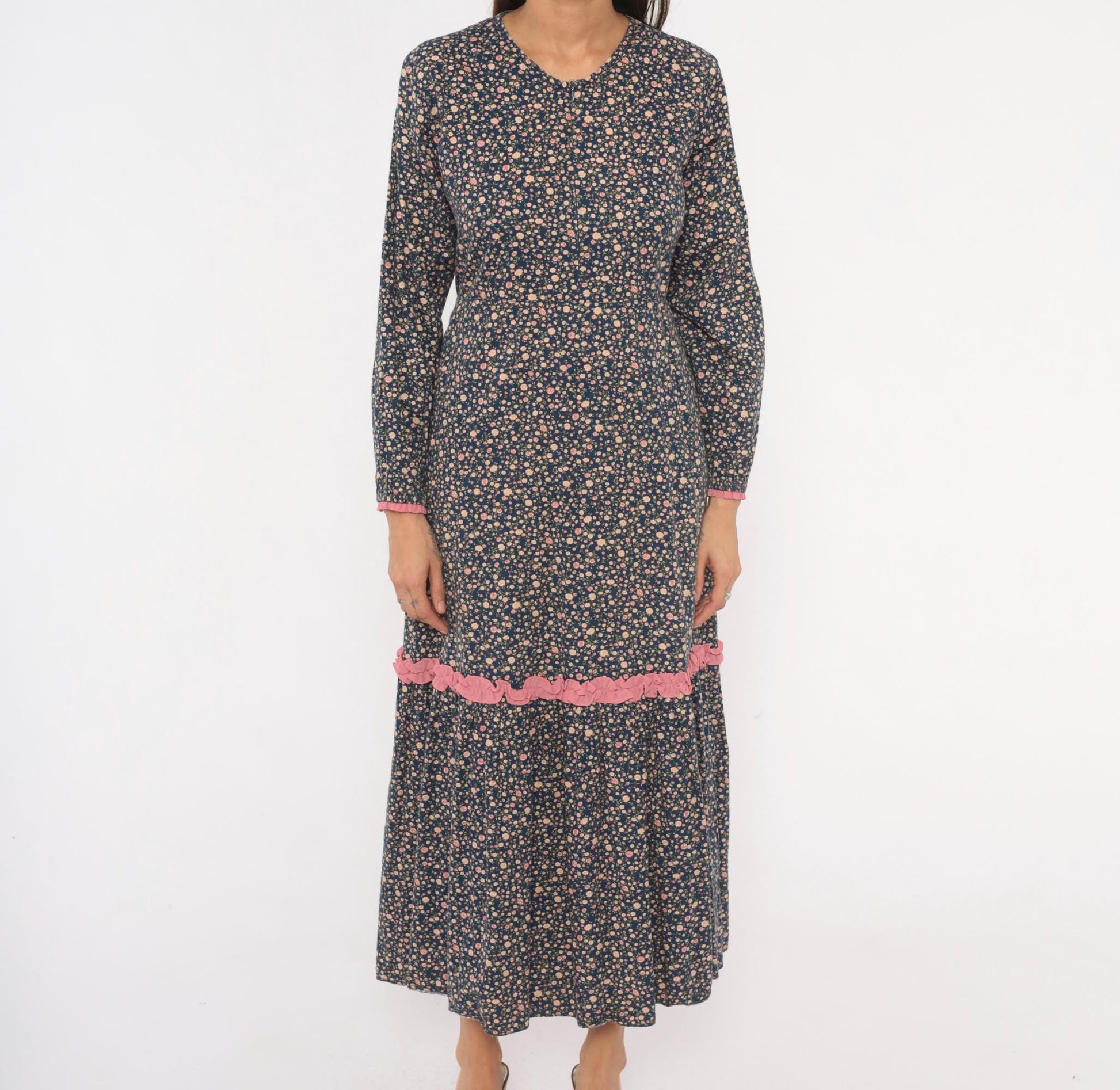 Y2K Indah Navy Floral Maxi Dress Cotton Long Sleeve Ruffle Trim Medium M
