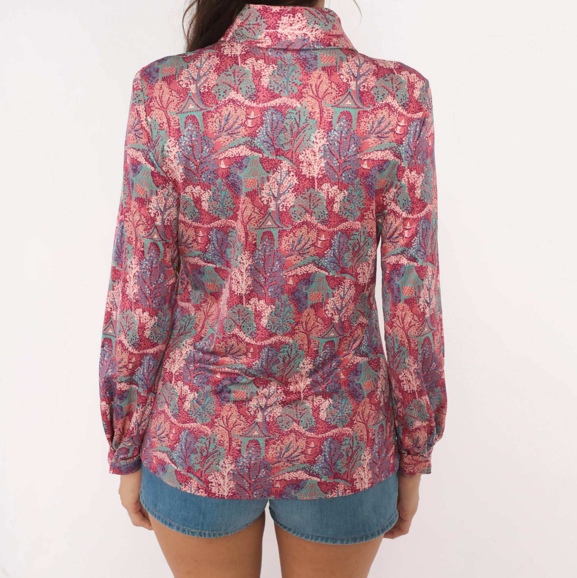70s Pointillist Tree Blouse Pink Teal Woodland Polo Collar Bishop Sleeve Medium