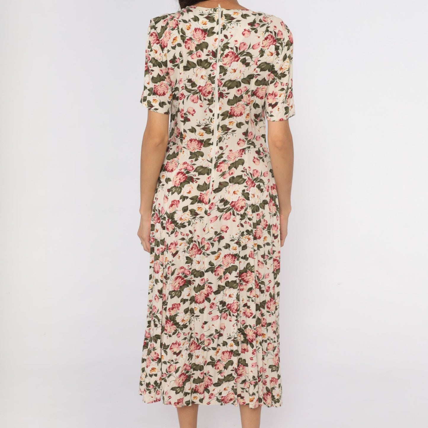 90s Jamie Brooke Midi Dress Cream Floral Tie Front Puff Sleeve Medium M