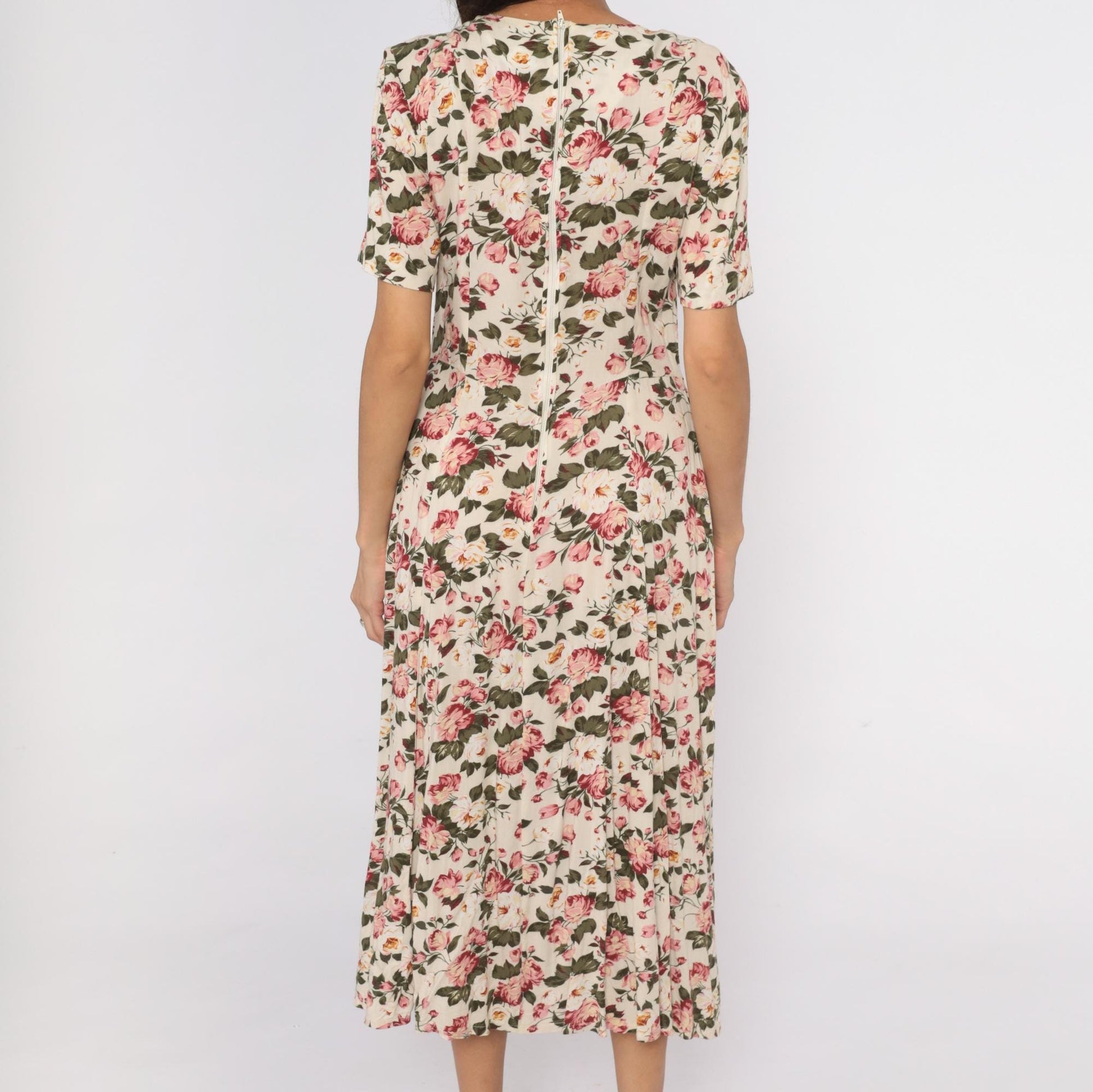90s Jamie Brooke Midi Dress Cream Floral Tie Front Puff Sleeve Medium M