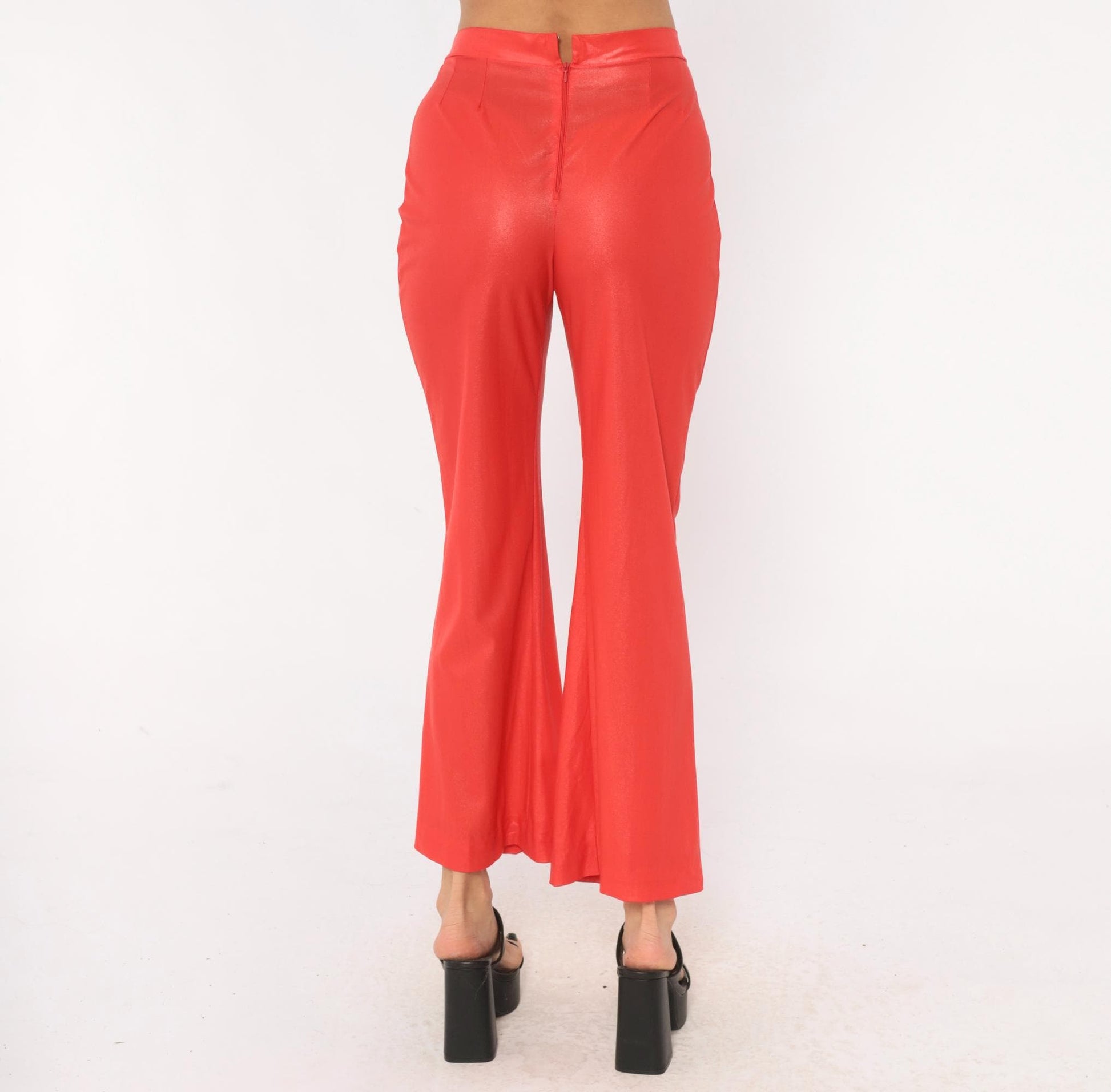 70s Habella Neon Coral Flare Pants High Waist Bell Bottom Acetate XS