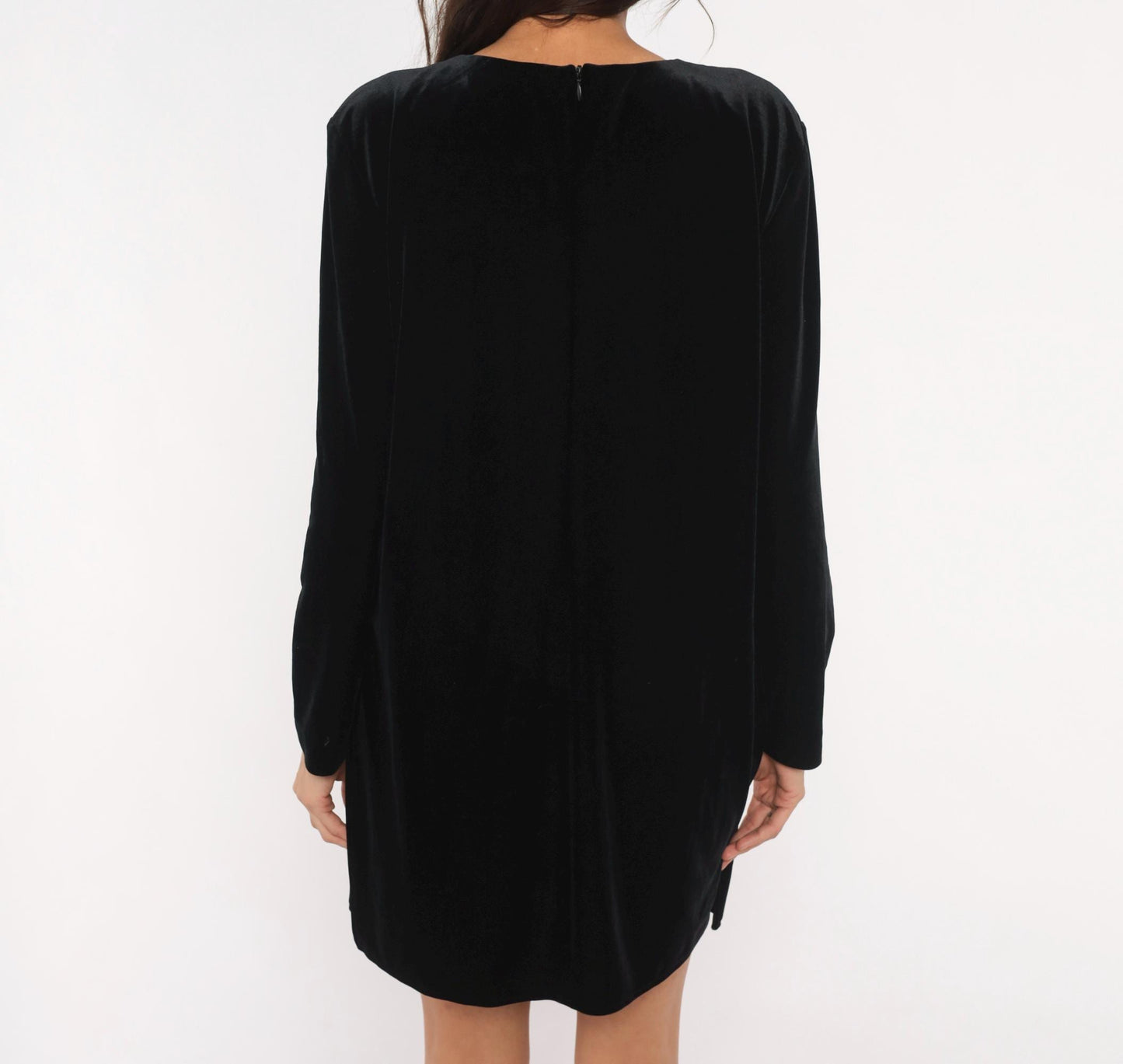 90s Hillard & Hanson Black Velvet Mini Dress Brass Buttons Long Sleeve Large