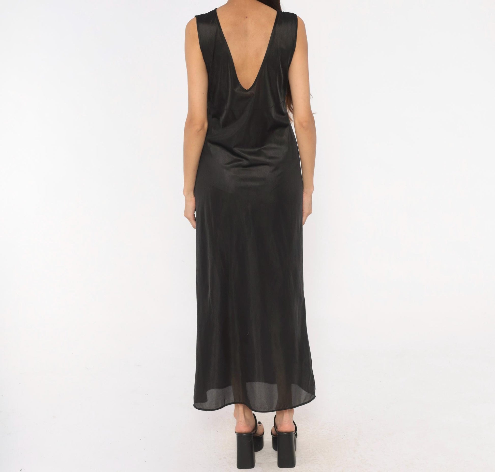 90s Black Sheer Maxi Slip Dress Deep V Neck Empire Waist Medium