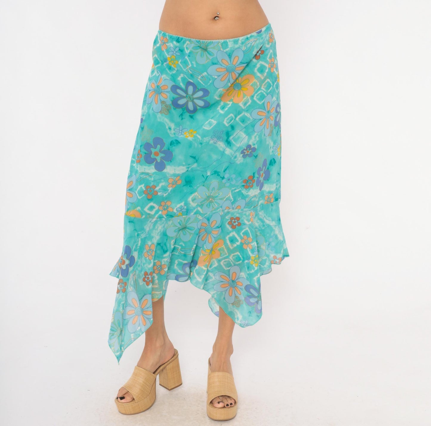 Y2K Millenium Psychedelic Handkerchief Midi Skirt Turquoise Floral Extra Large XXL