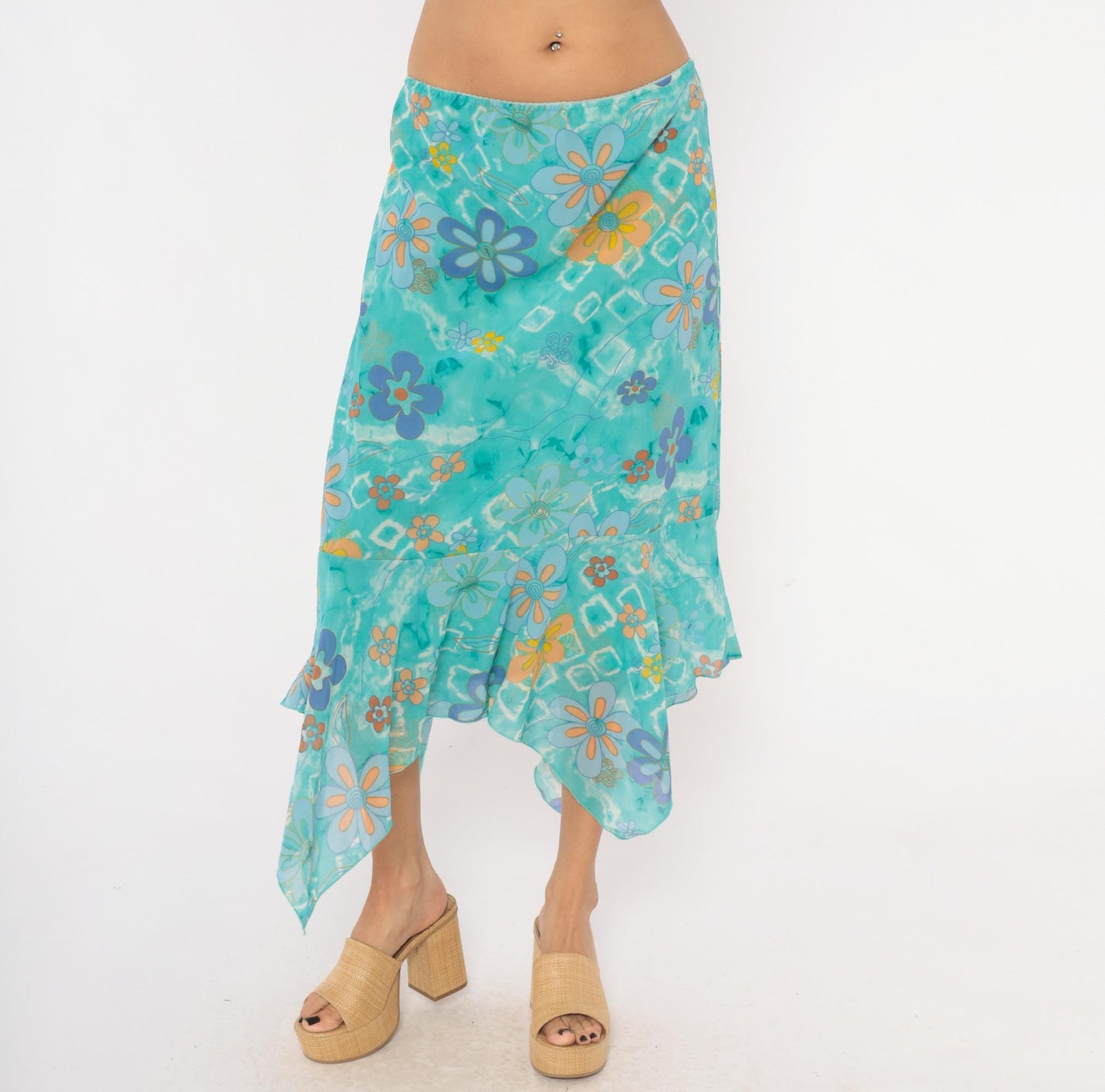 Y2K Millenium Psychedelic Handkerchief Midi Skirt Turquoise Floral Extra Large XXL