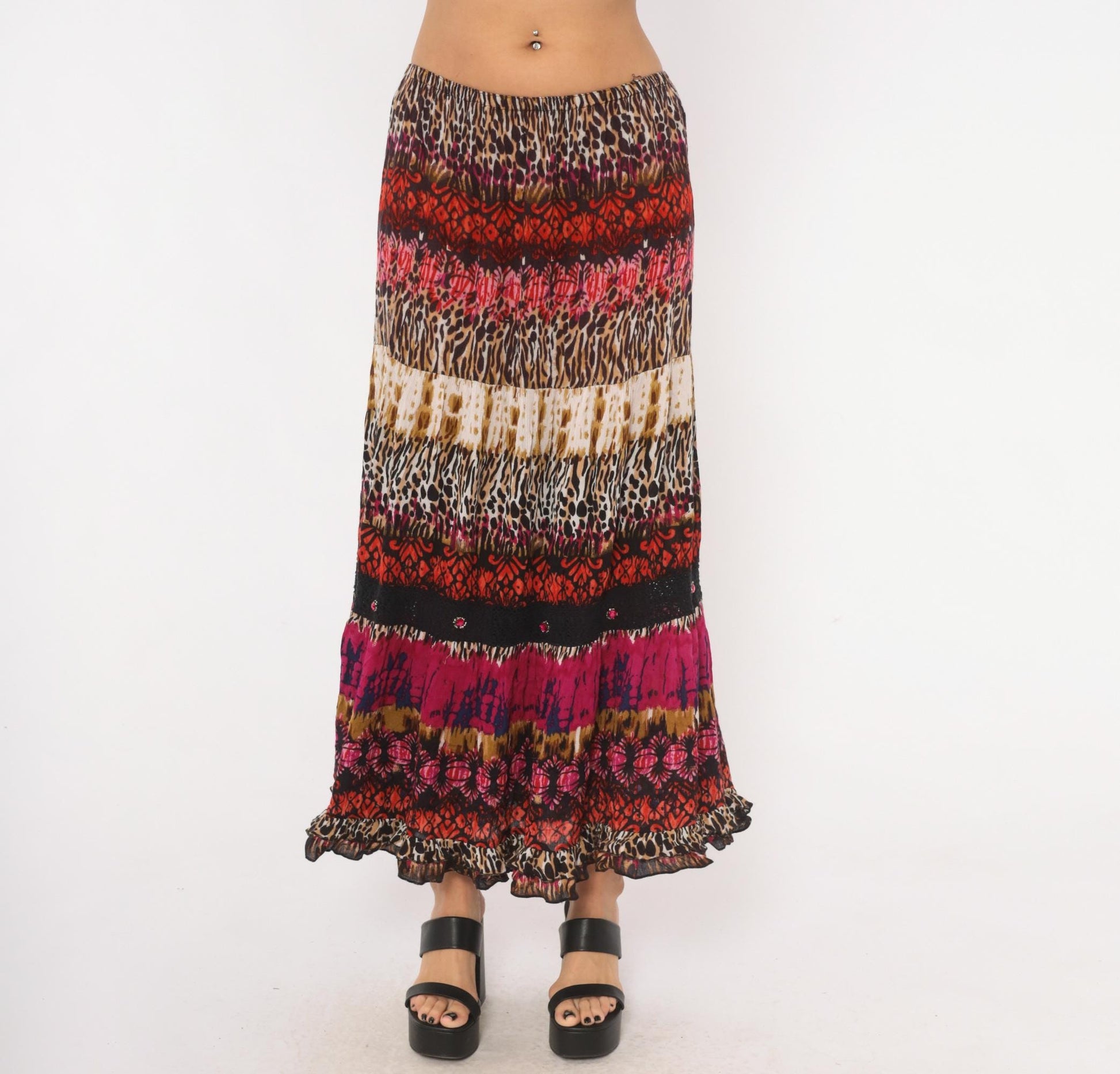 90s Forbidden Animal Print Maxi Skirt Pink Leopard Tiered XL
