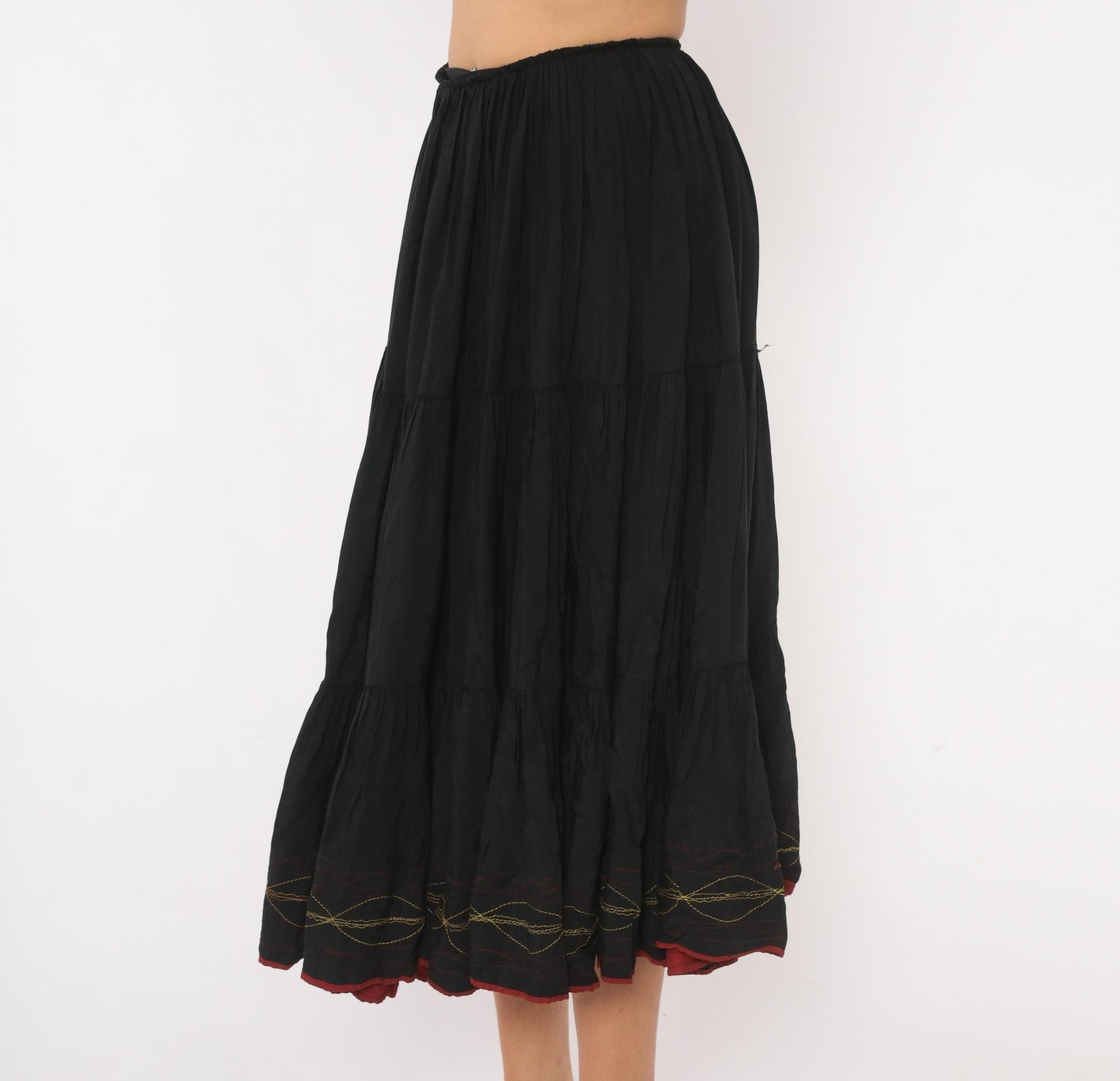60s Black Tiered Midi Skirt Gold Embroidered Gathered Waist Acetate Extra Small XS