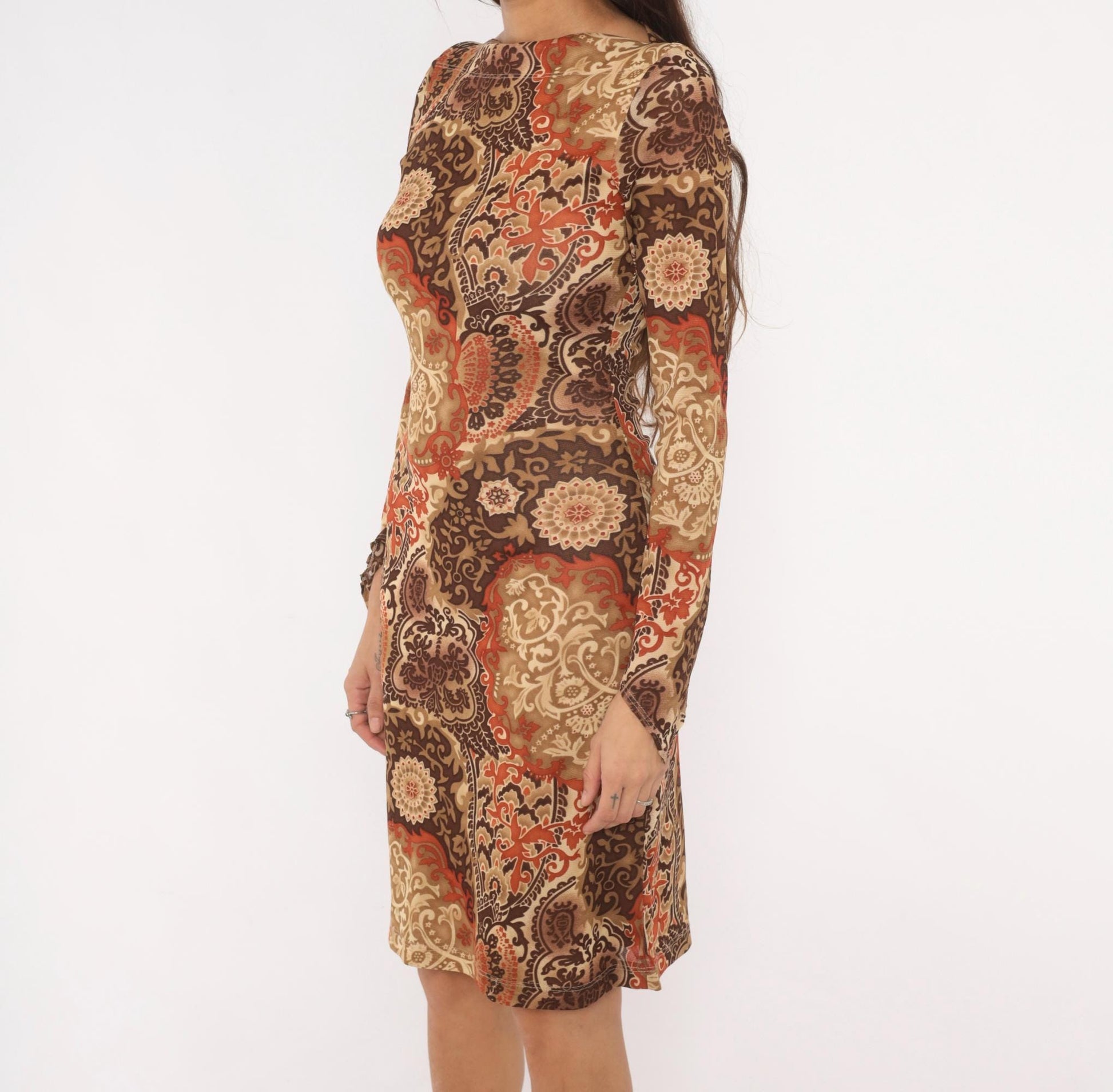 Y2K Moa Moa Paisley Medallion Dress Long Sleeve Boat Neck Brown Tan Medium M