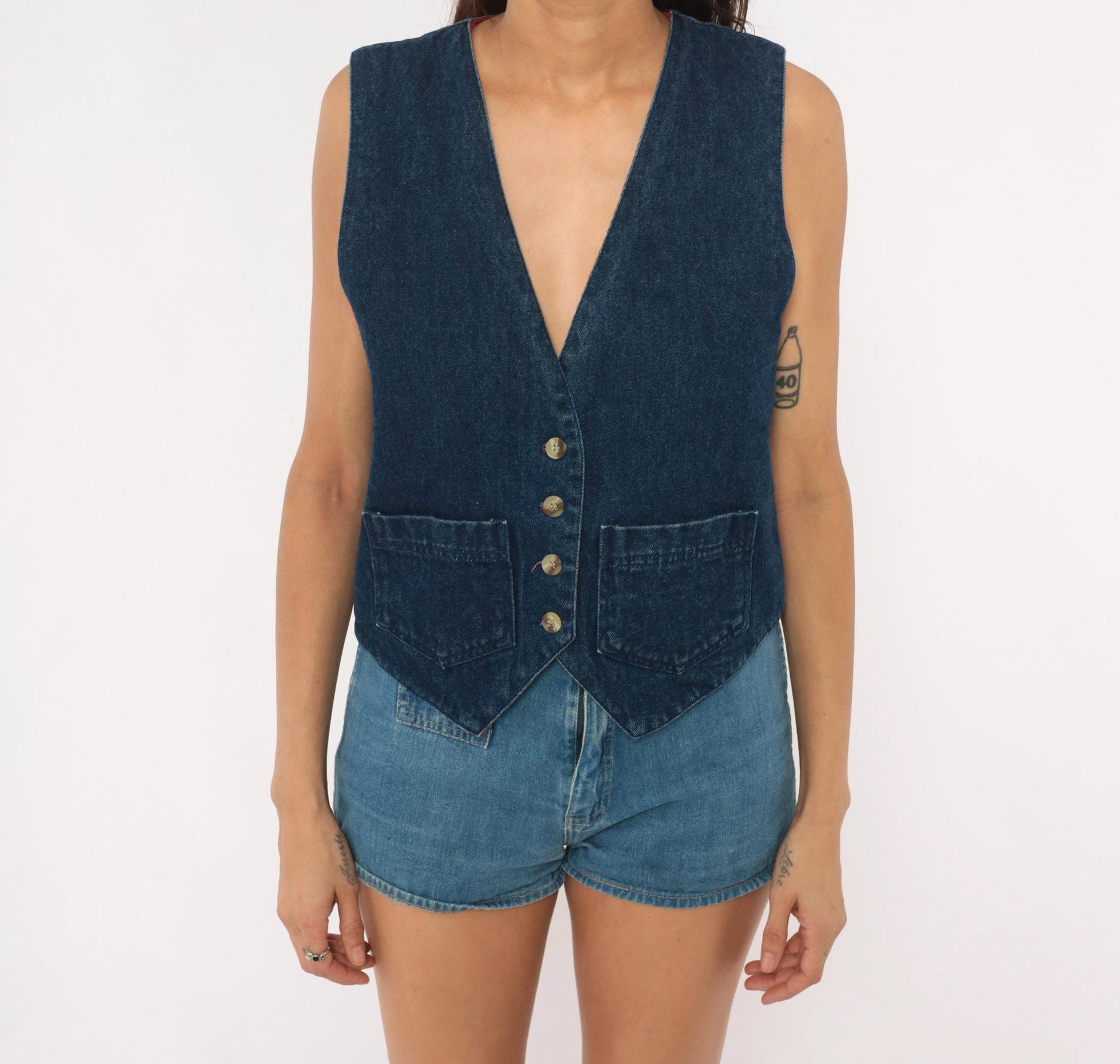 80s Van Heusen Reversible Denim Vest Navy Blue Red Paisley Cotton Small