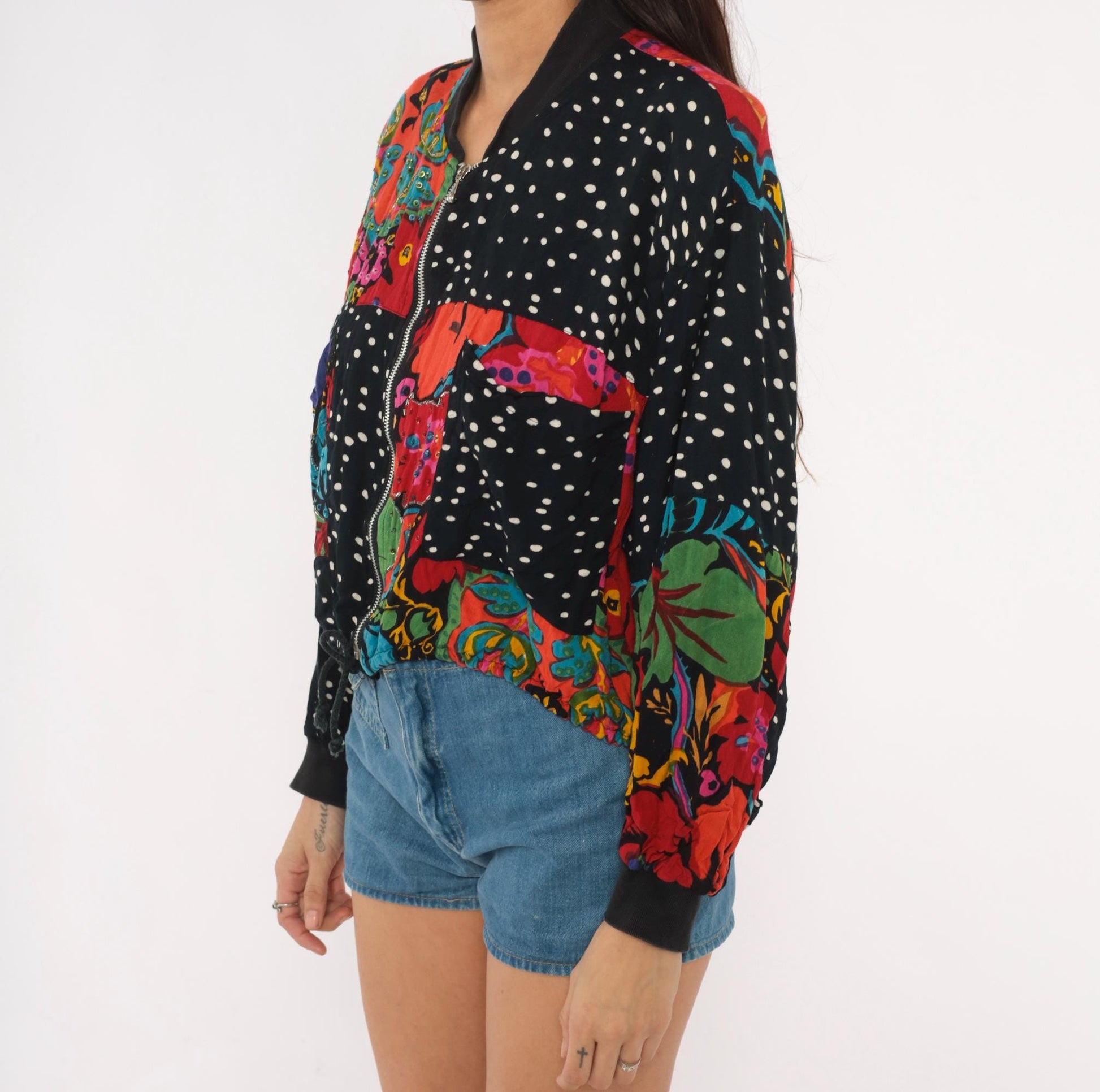 90s Tarazzia Patchwork Bomber Jacket Sequin Polka Dot Floral Small