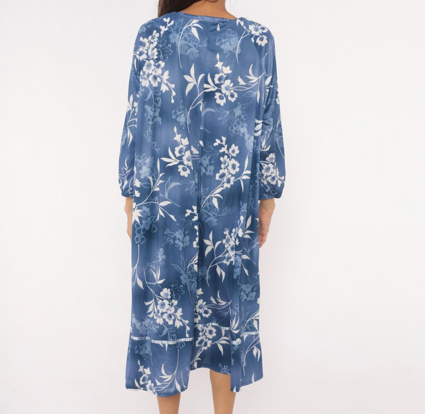 90s Blue White Floral Nightgown Lace Trim Mid-Calf Botanical Gown Medium XL