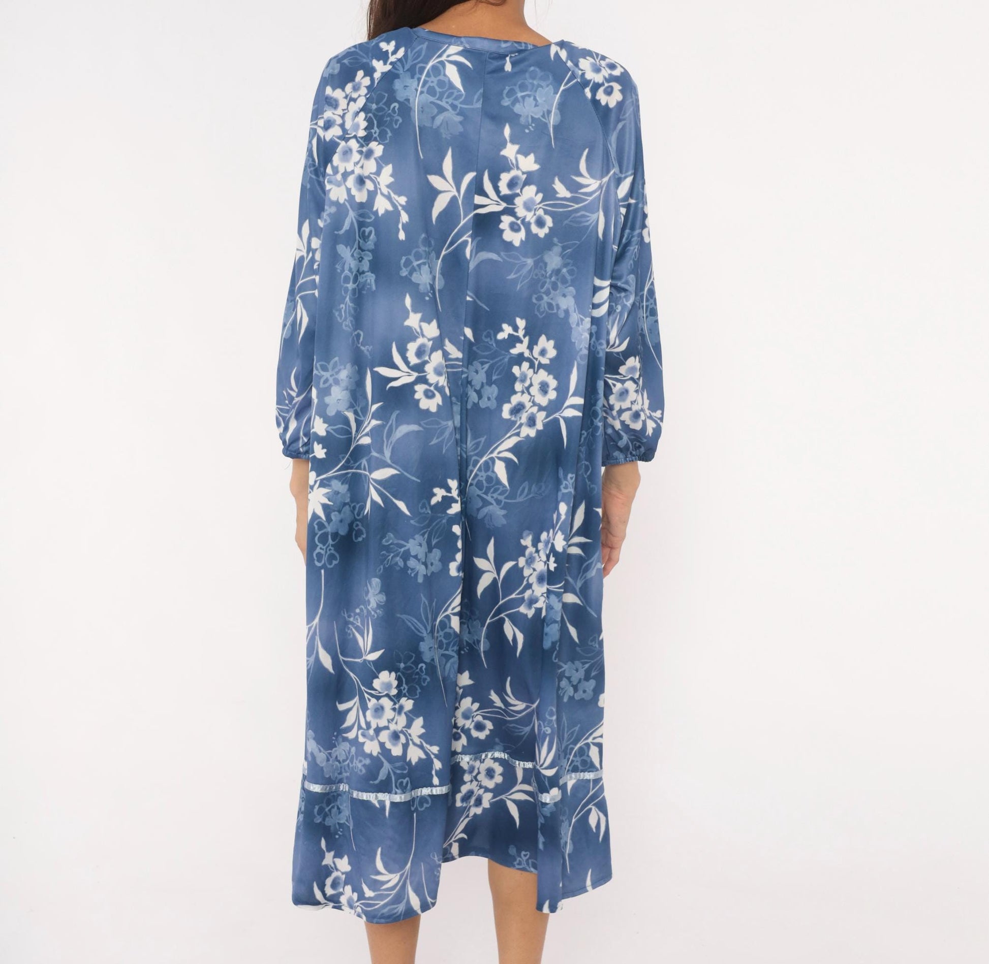 90s Blue White Floral Nightgown Lace Trim Mid-Calf Botanical Gown Medium XL