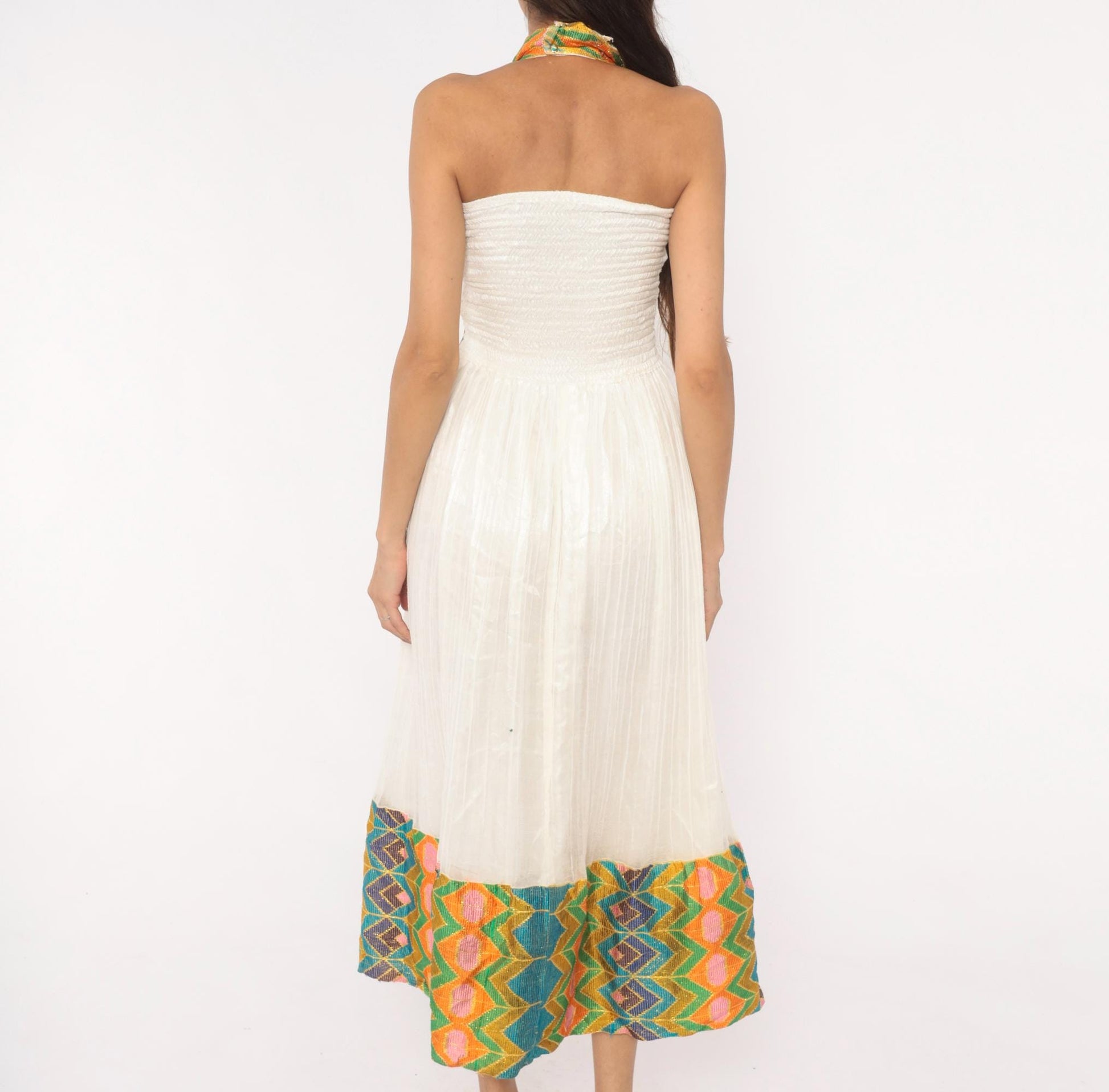 90s White Cotton Gauze Halter Midi Dress Embroidered Cross Geometric Trim Small
