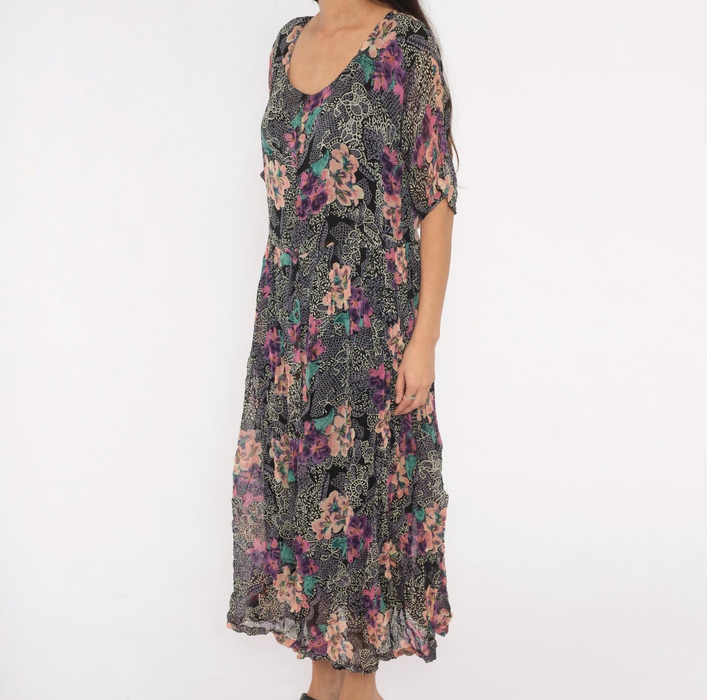 90s Nostalgia Floral Midi Dress Button Front Short Sleeve Purple Pink Teal Medium