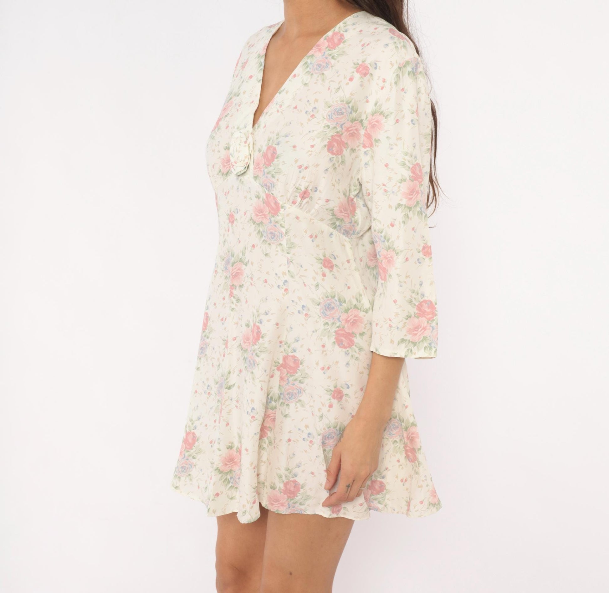 90s Eber Rose Floral Mini Dress Cream V-Neck Rosette Large L