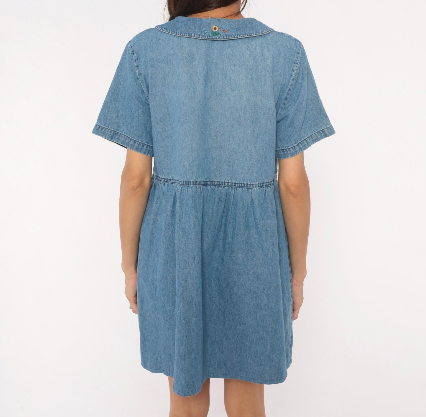 90s Bobbie Brooks Denim Babydoll Dress Sunflower Embroidered Peter Pan Collar Large L