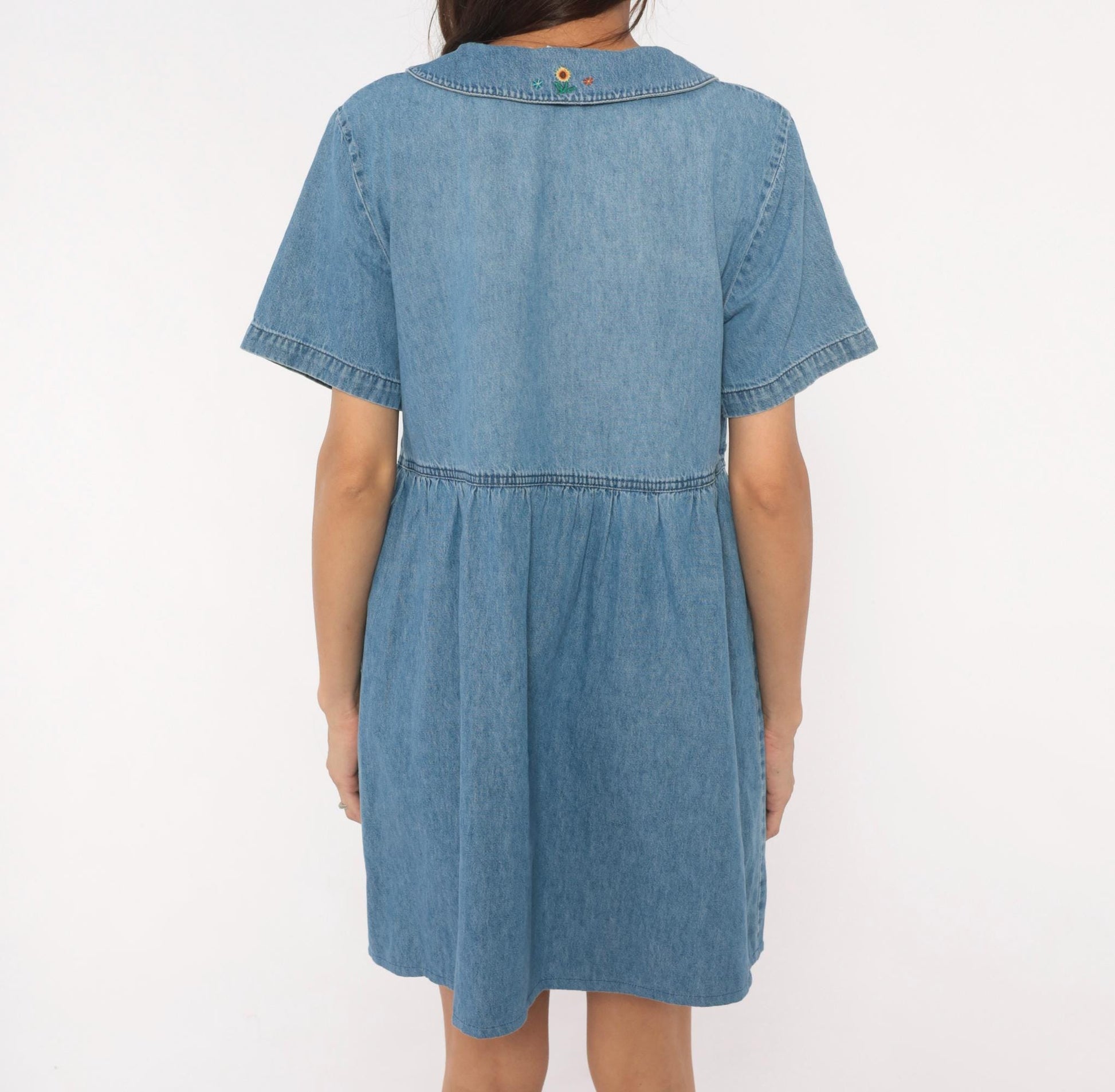 90s Bobbie Brooks Denim Babydoll Dress Sunflower Embroidered Peter Pan Collar Large L