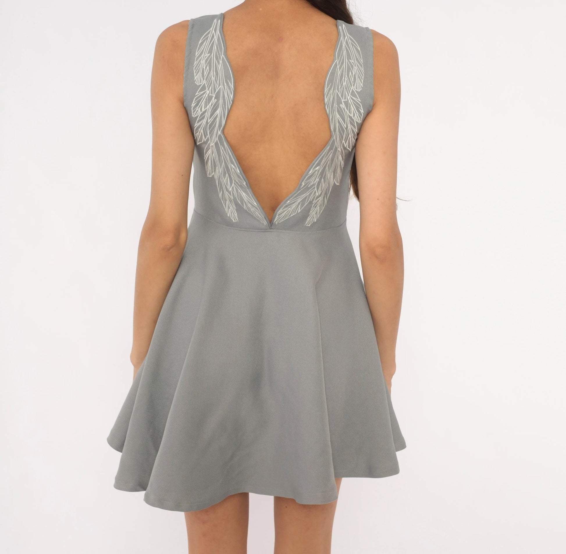 Y2K Grey Angel Wing Embroidered Mini Dress Sleeveless Skater Small S