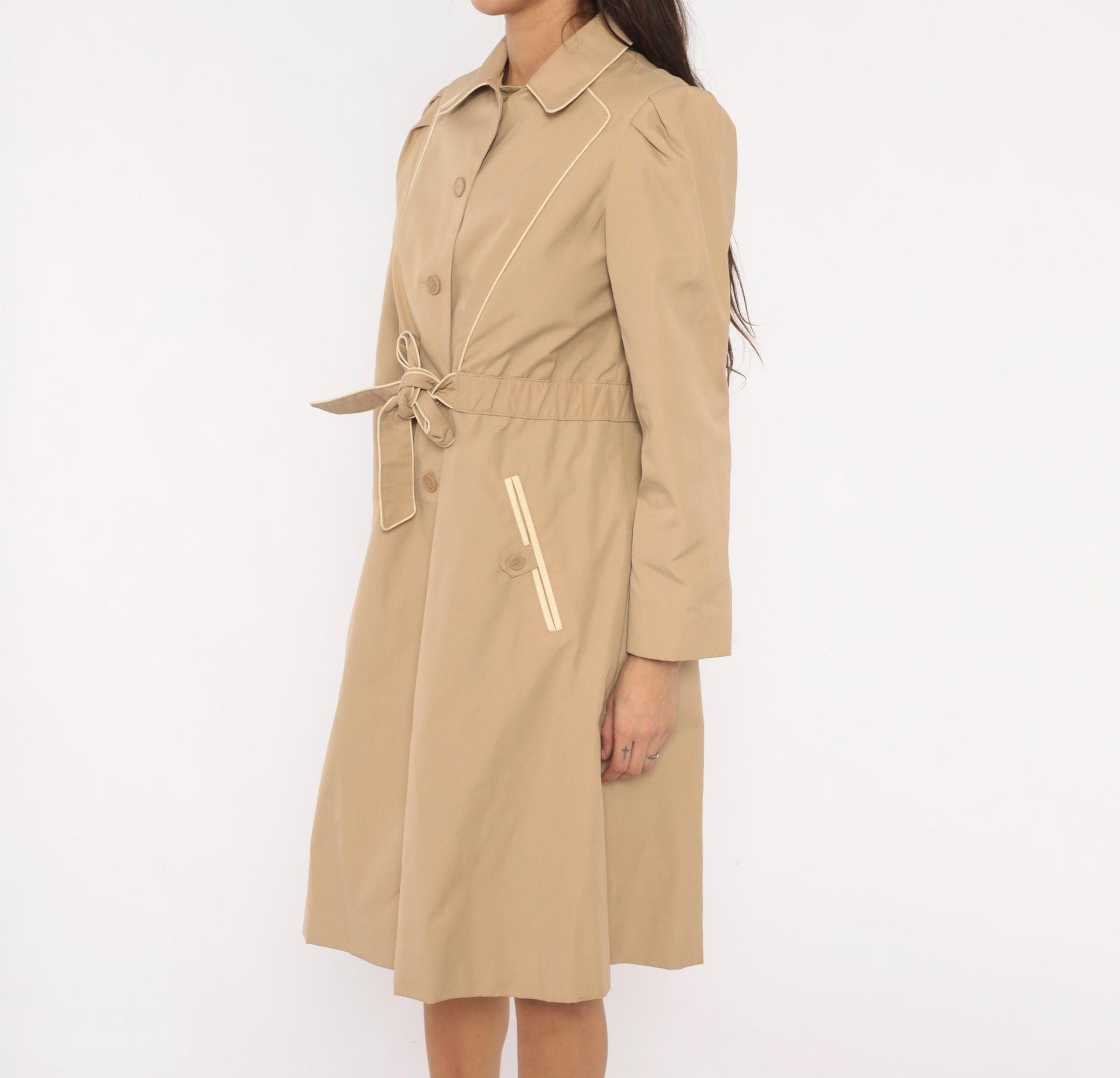 80s Windy Weather Tan Trench Coat Puff Sleeve Knee-Length Medium M