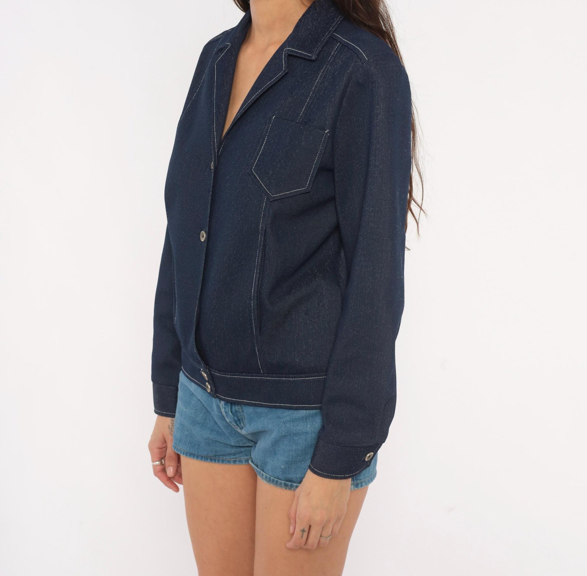 70s KokoKnits Denim Jacket Navy Snap Button Blazer Medium