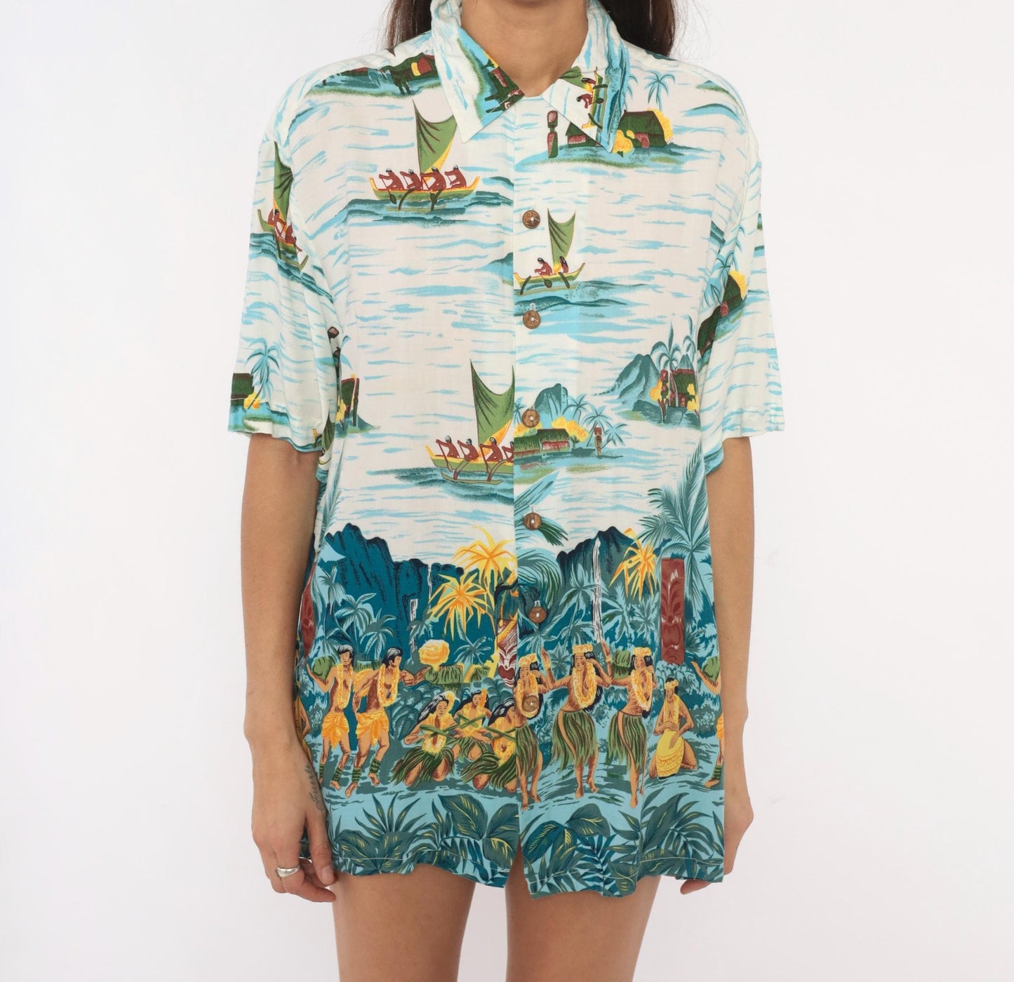 90s Kennington Ltd Hawaiian Shirt Polynesian Island Scene Blue Rayon Medium