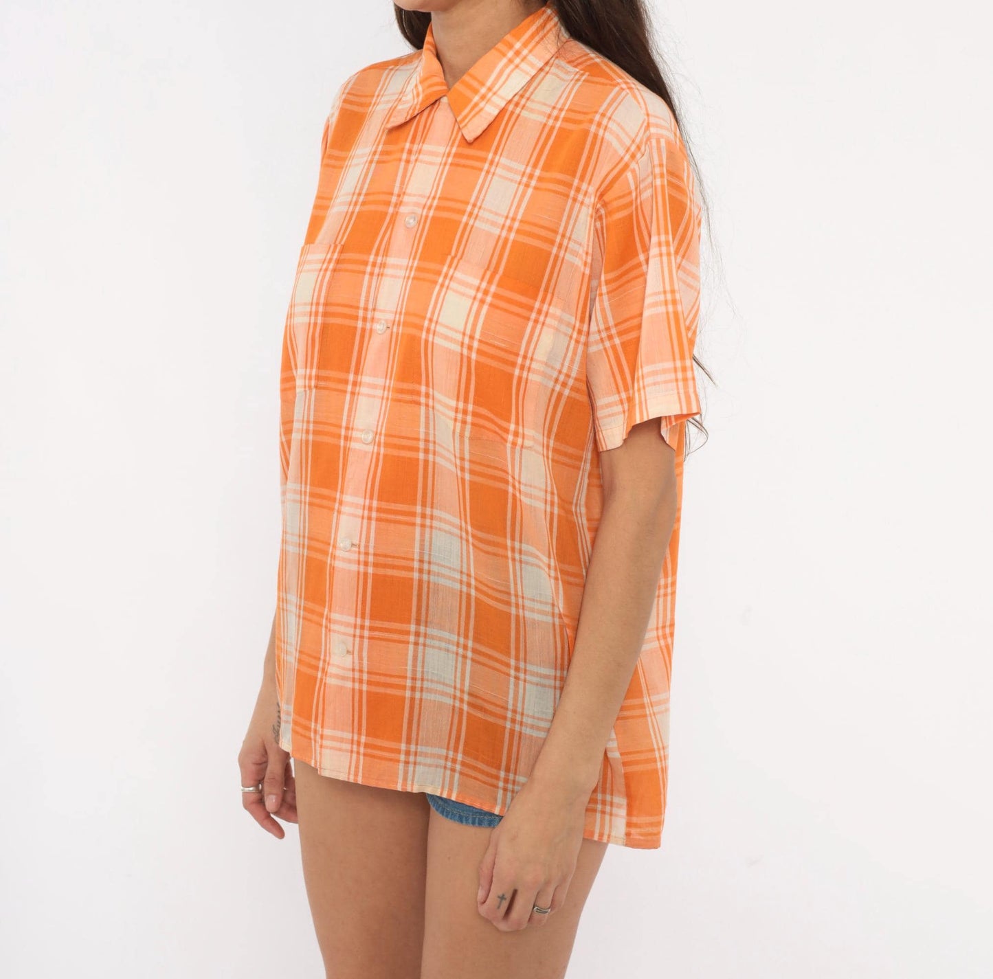 70s Manhattan Docoma Orange Plaid Button-Up Shirt Cream Check Short Sleeve Medium