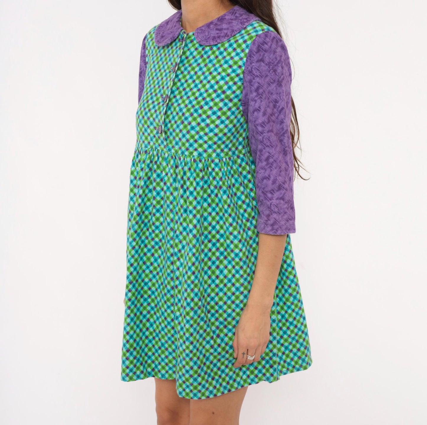60s Babydoll Dress Purple Green Blue Gingham Peter Pan Collar Mini XS
