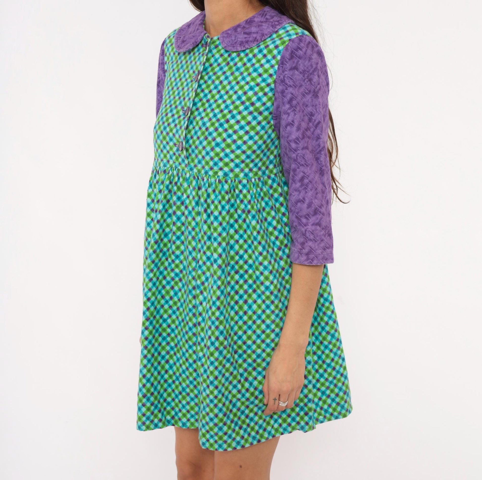 60s Babydoll Dress Purple Green Blue Gingham Peter Pan Collar Mini XS