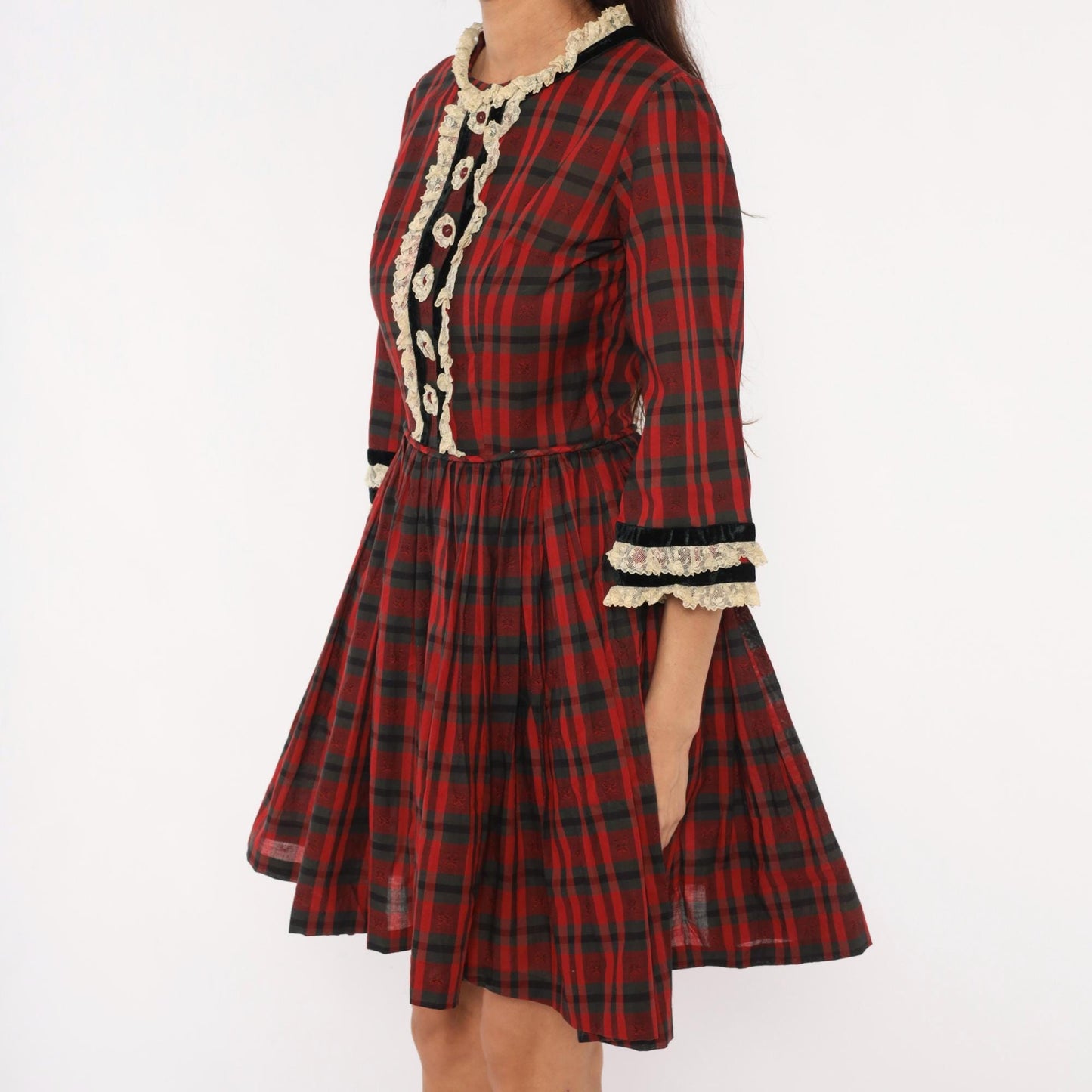1960s Red Black Plaid Mini Dress Puff Sleeve Lace Trim Cotton Small S