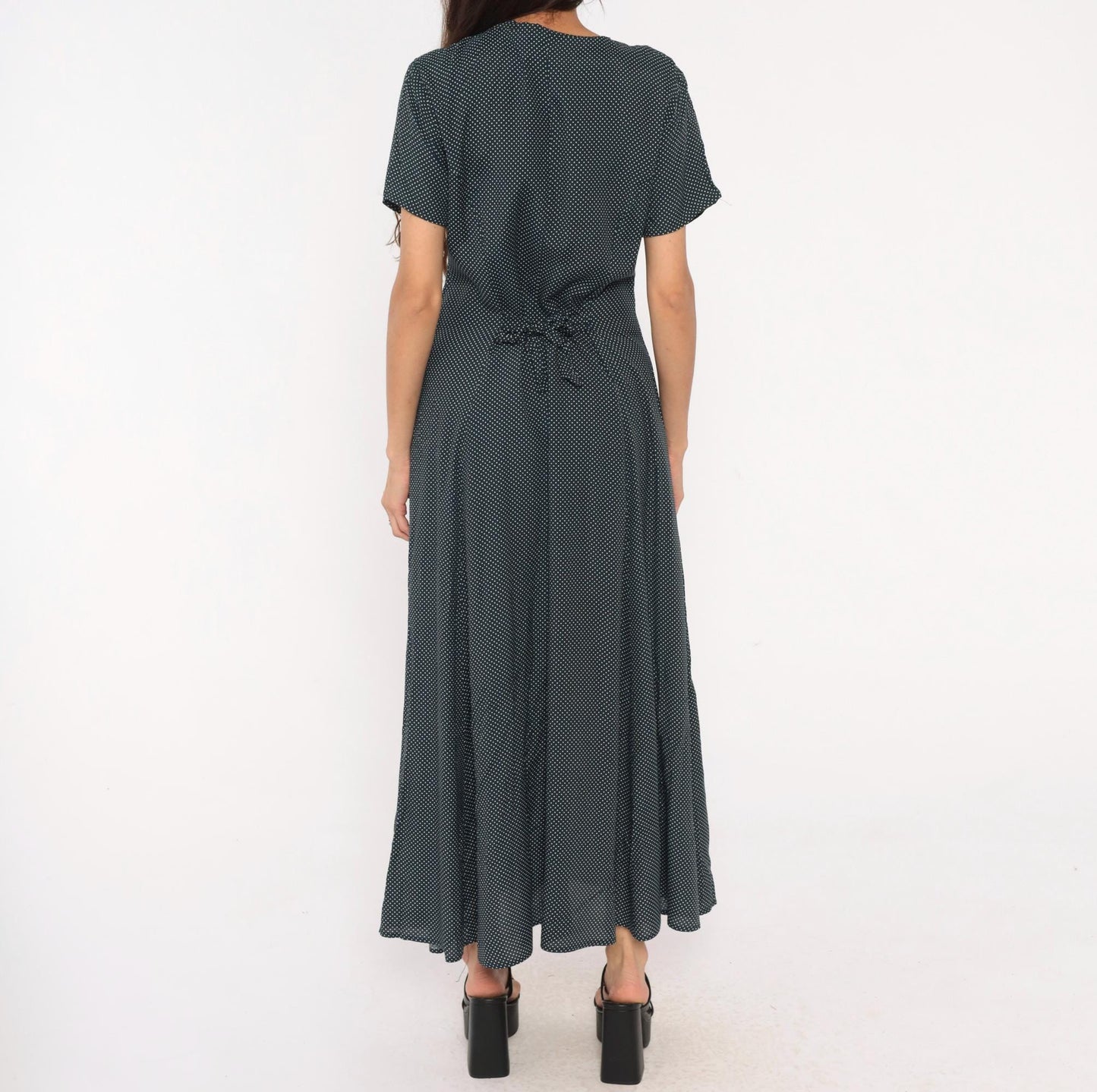 90s New York Style Navy Polka Dot Maxi Dress Button Front Flutter Sleeve Large L
