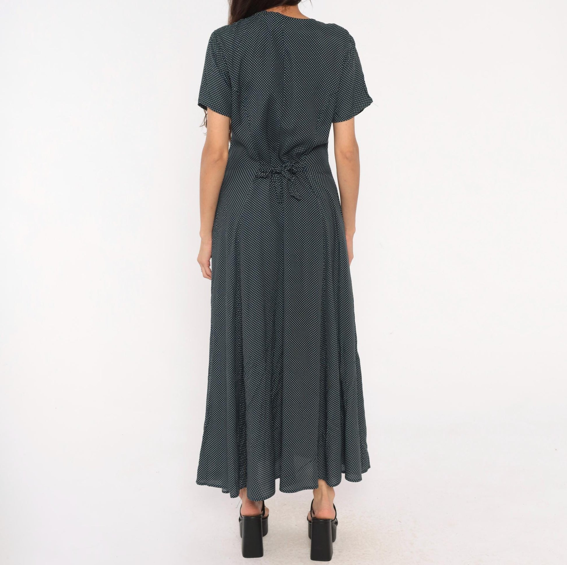 90s New York Style Navy Polka Dot Maxi Dress Button Front Flutter Sleeve Large L