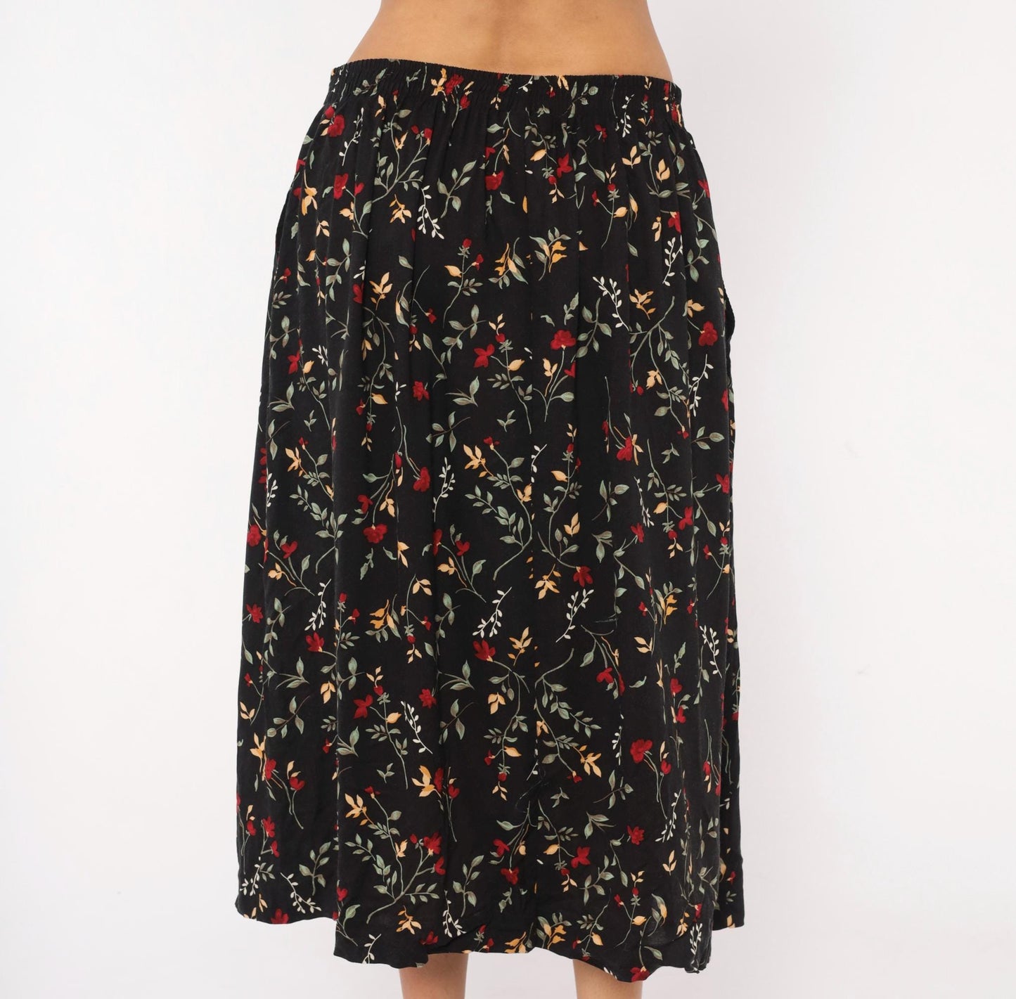 90s Appleseeds Botanical Midi Skirt Black Floral Red Green Extra Large XL