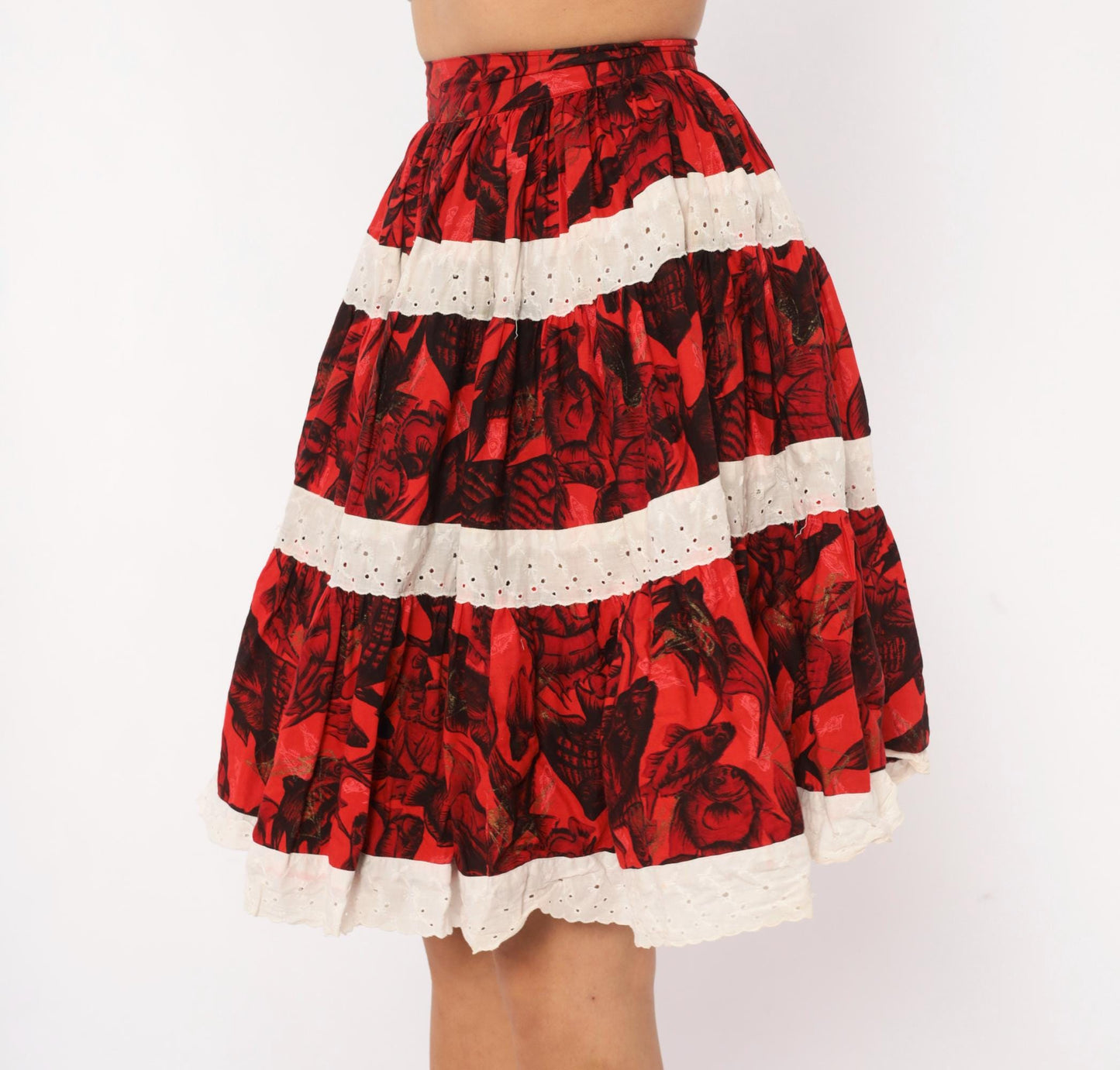 60s Fish Print Circle Skirt Red Black Eyelet Lace Cotton Extra Small