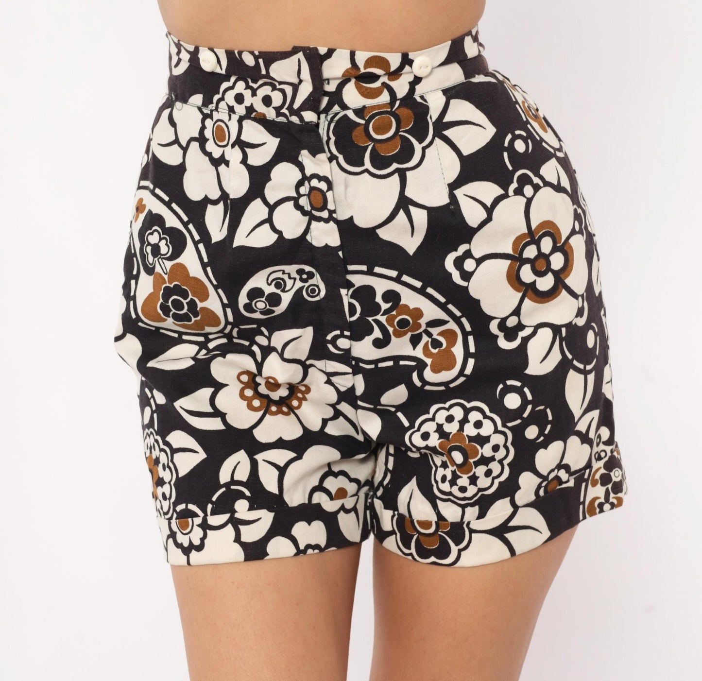 60s Floral Paisley High-Waisted Shorts Cotton Black Cream Brown Mod Extra Small XS