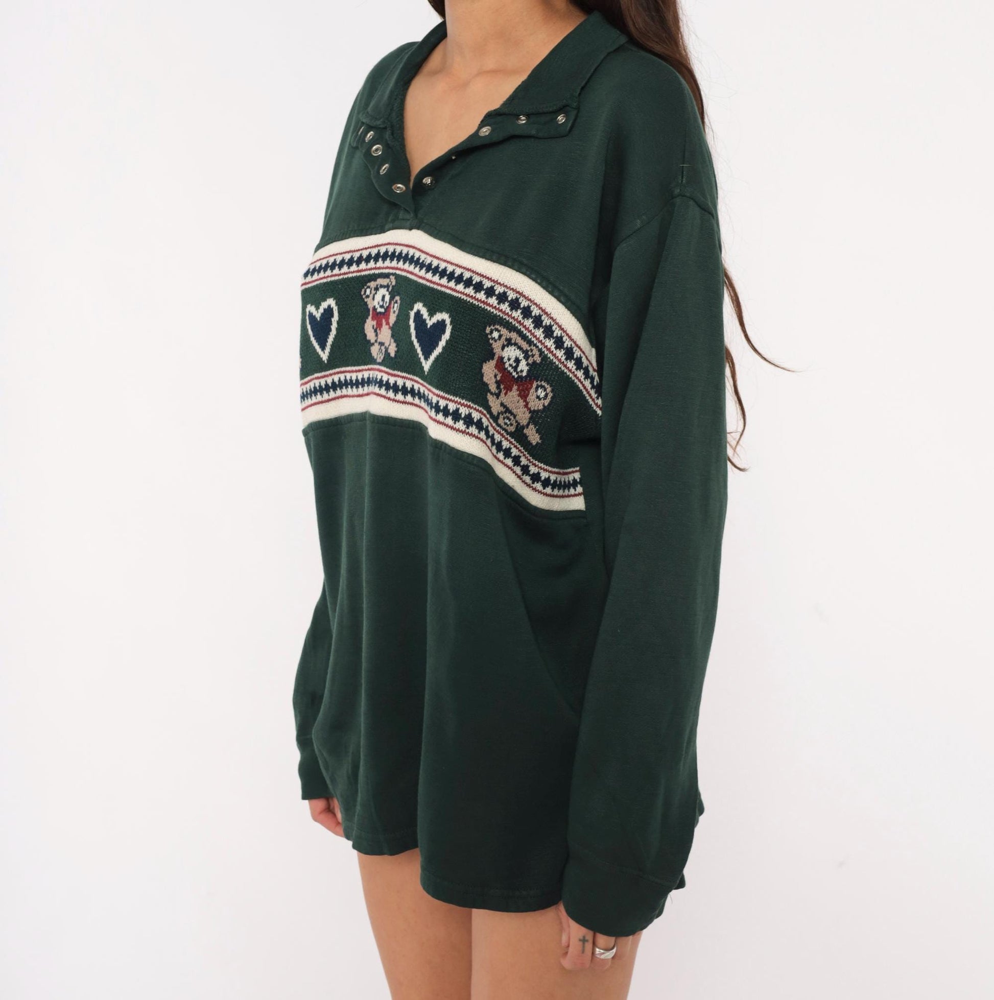 90s Carolina Teddy Bear Fair Isle Pullover Forest Green Knit Large L