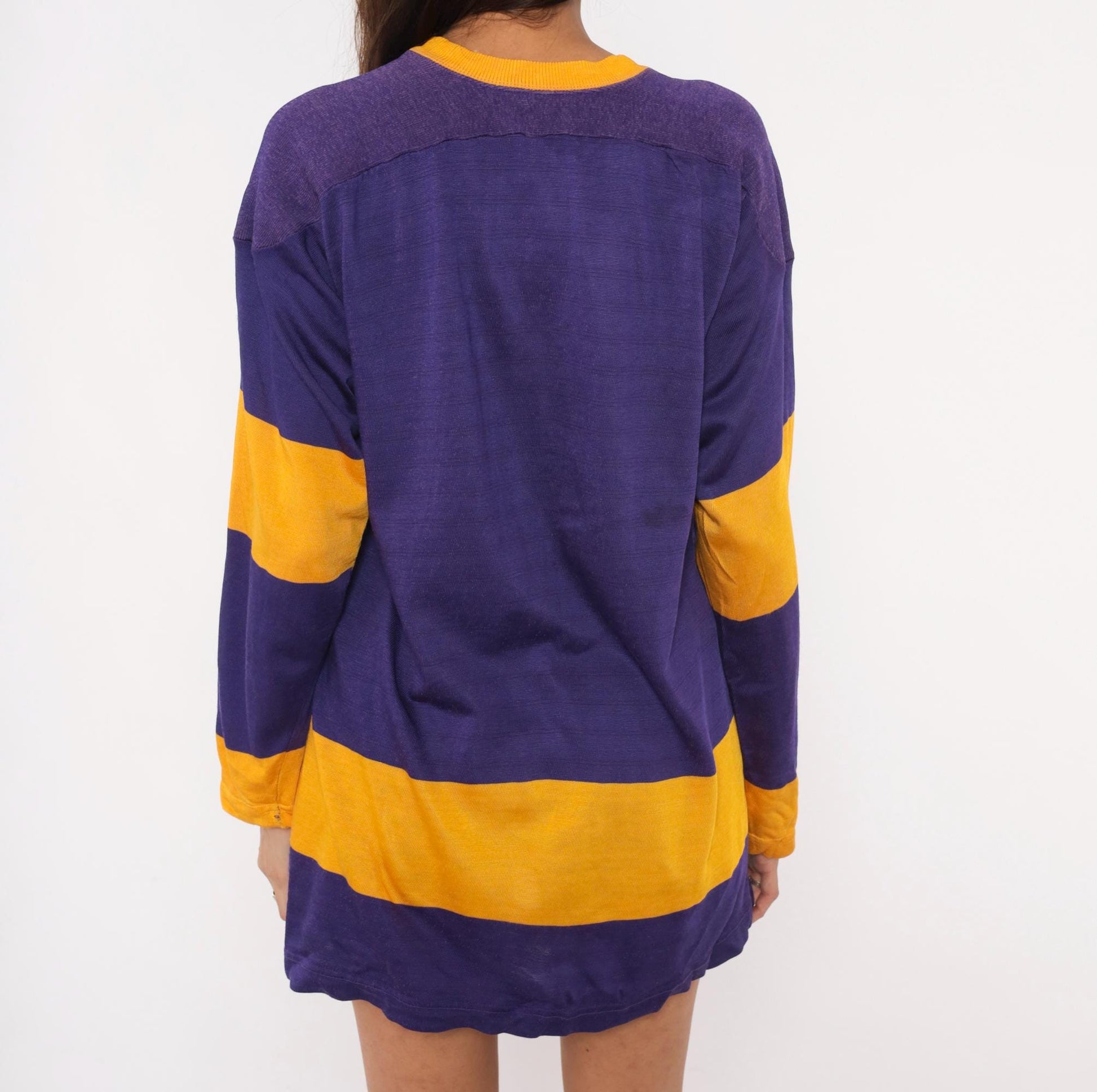 70s Purple Gold Striped V-Neck Pullover Jersey Long Sleeve Small