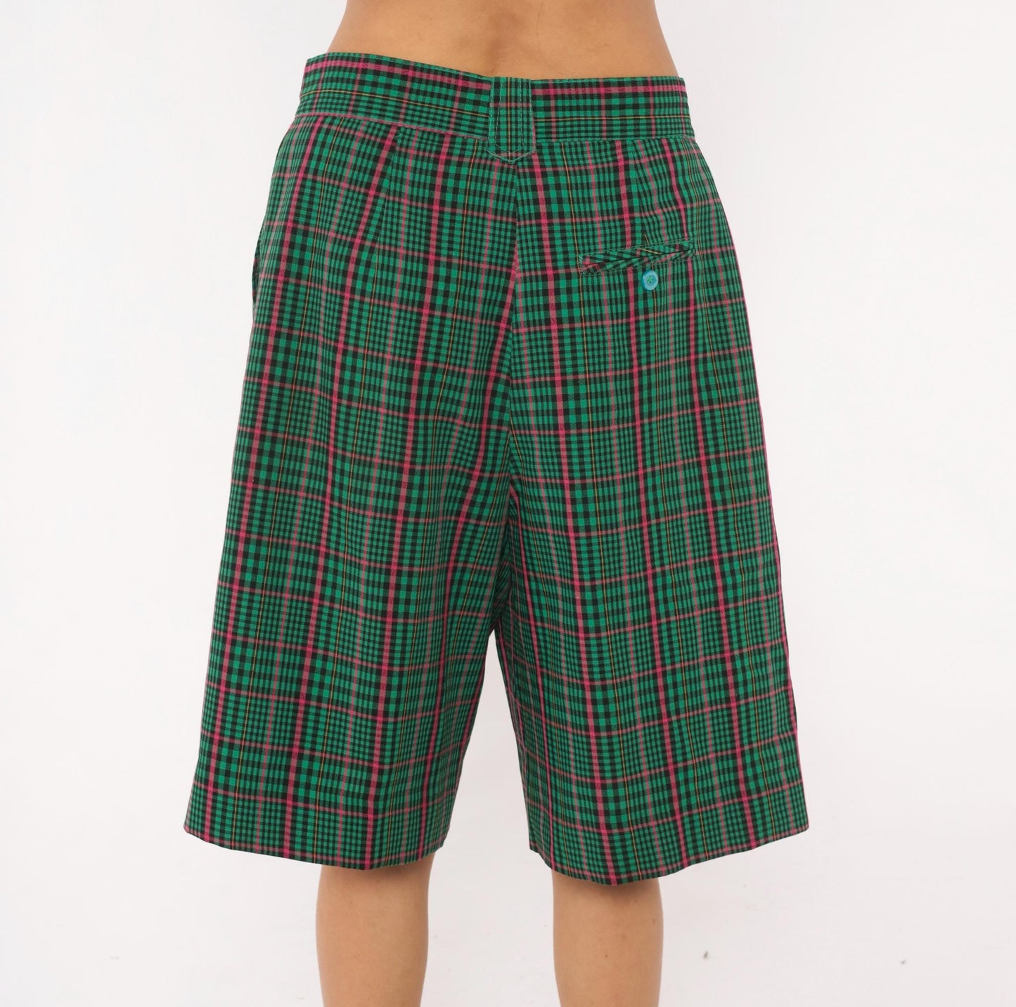 90s Green Plaid Bermuda Shorts High Rise Pleated Tartan Pink Preppy Medium
