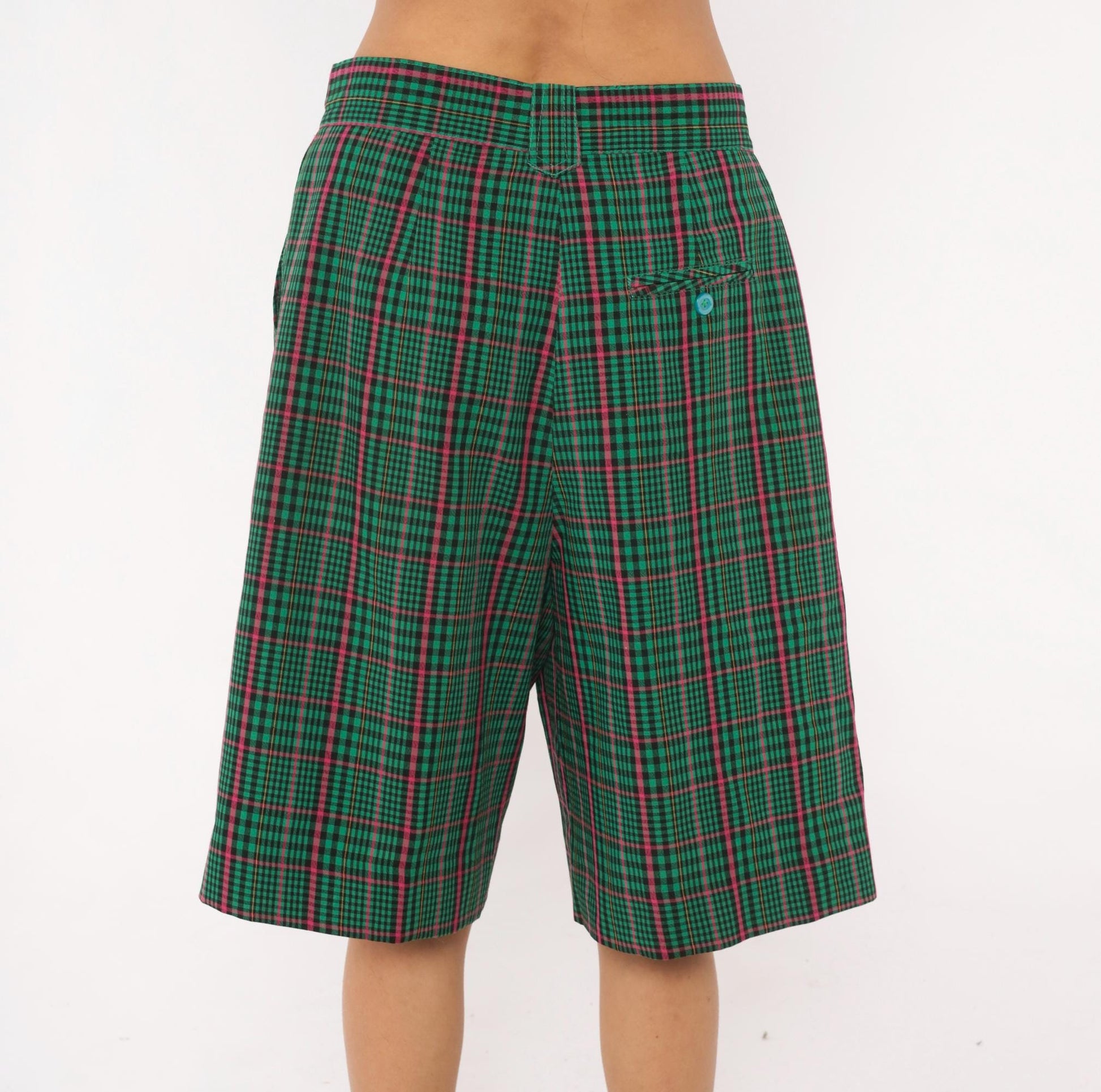 90s Green Plaid Bermuda Shorts High Rise Pleated Tartan Pink Preppy Medium