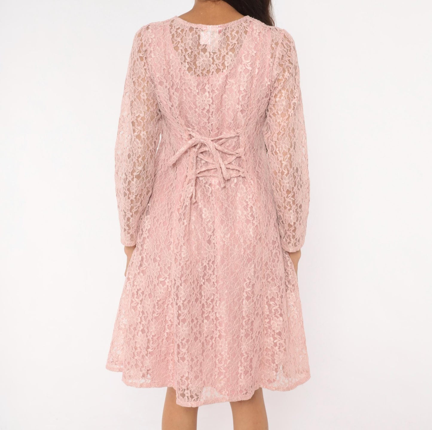90s Allison Ann Blush Floral Lace Dress Button Front Corset Back Large L