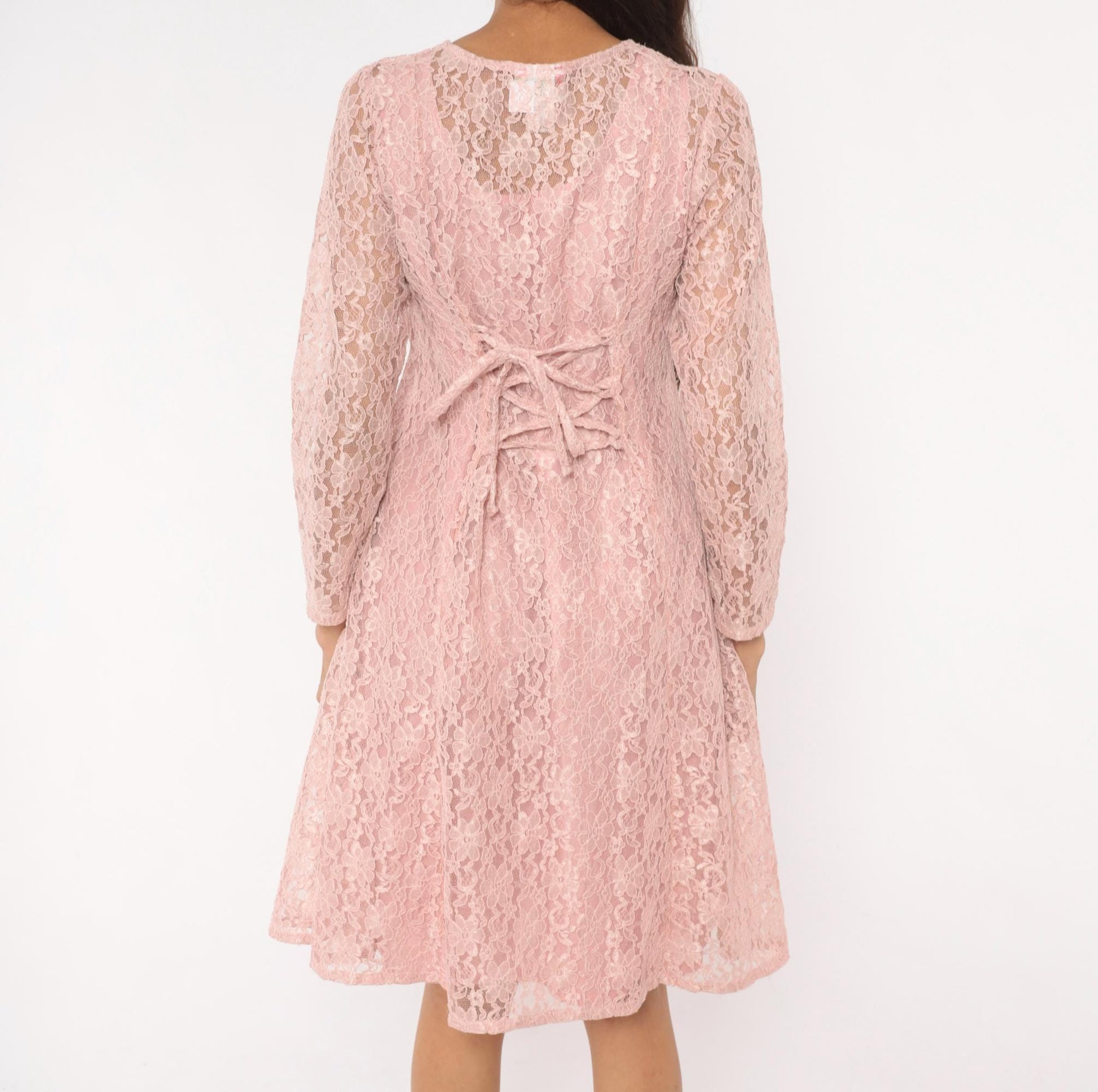 90s Allison Ann Blush Floral Lace Dress Button Front Corset Back Large L