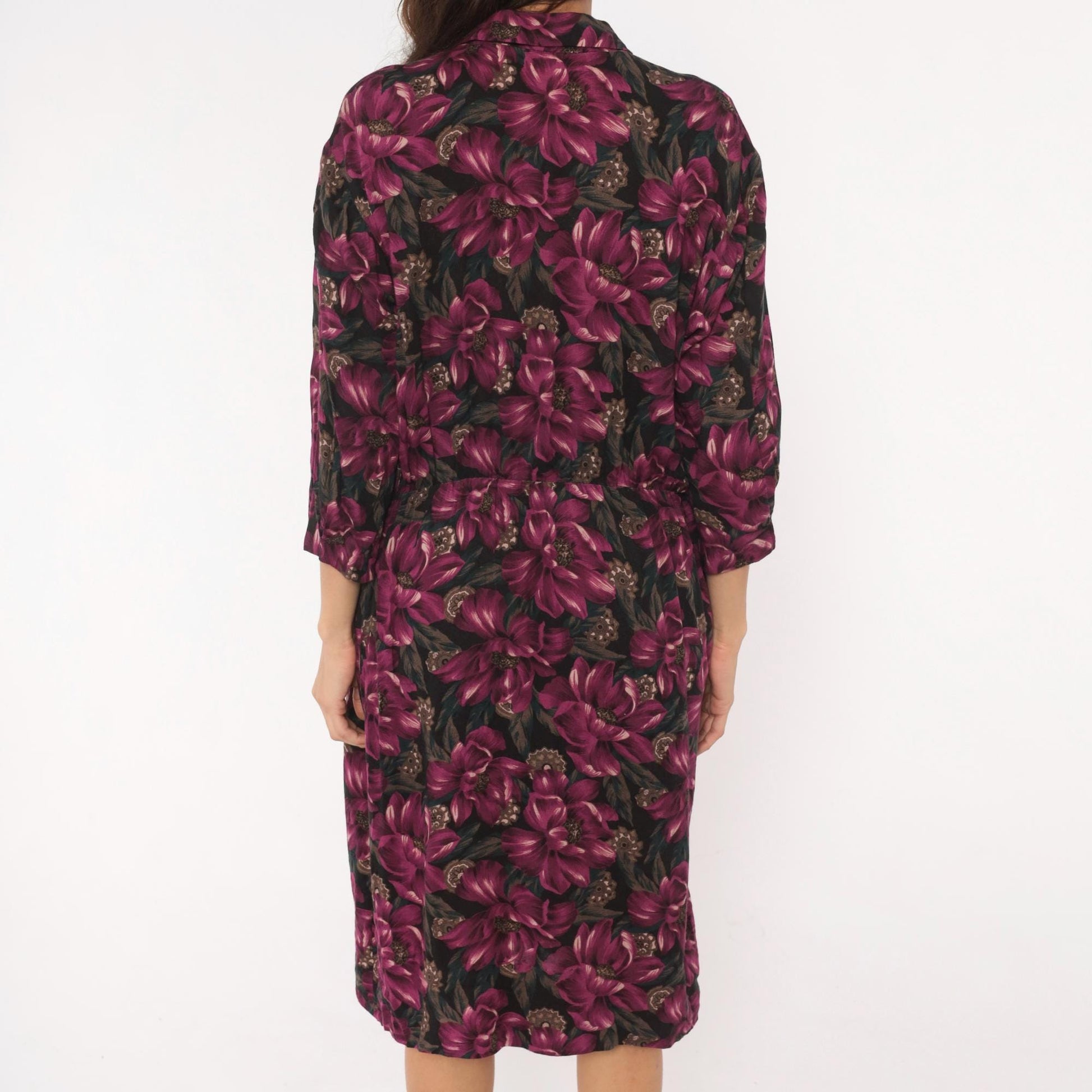 90s Plum Floral Wrap Dress V-Neck Button Front Knee-Length Large