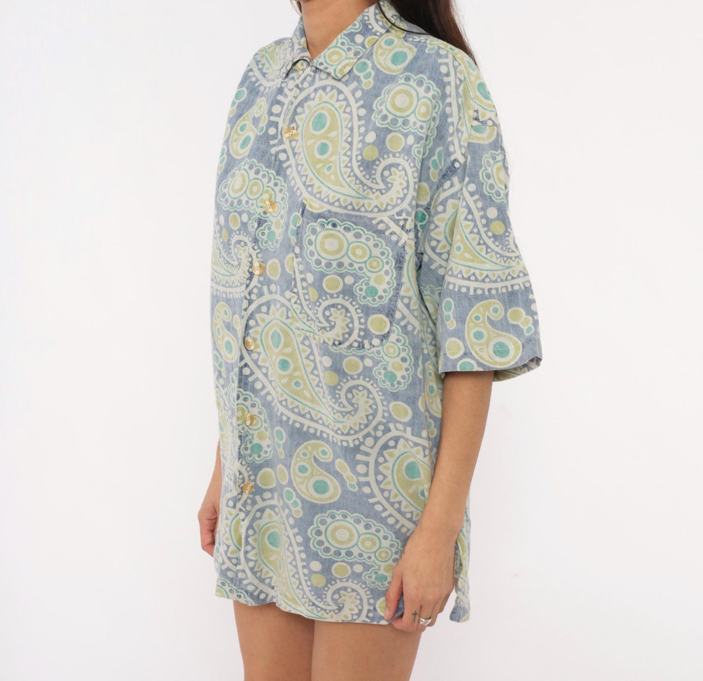 90s Robert Stock Island Style Paisley Camp Shirt Blue Green Mens Large L