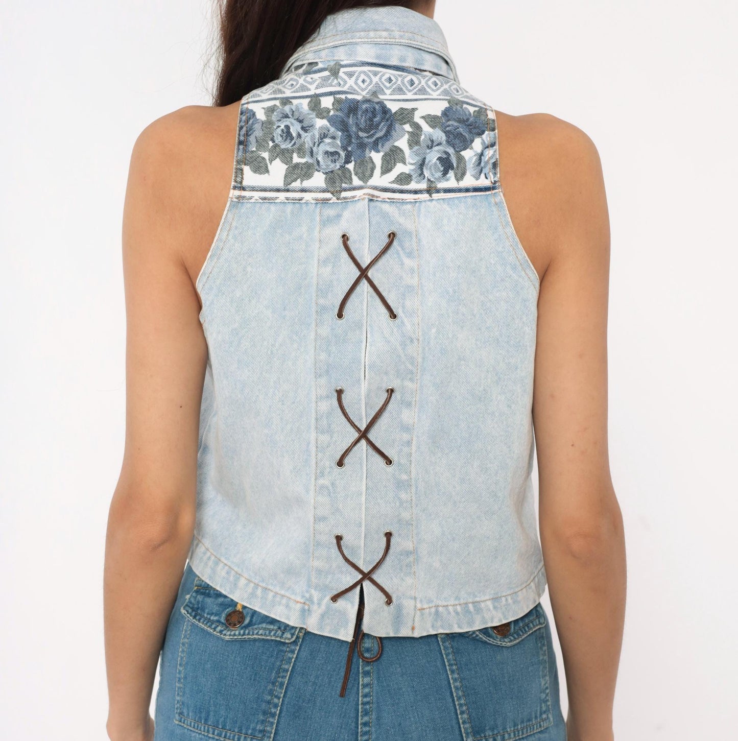 90s Sharnel Denim Vest Cropped Floral Lace-Up Back Light Wash Small