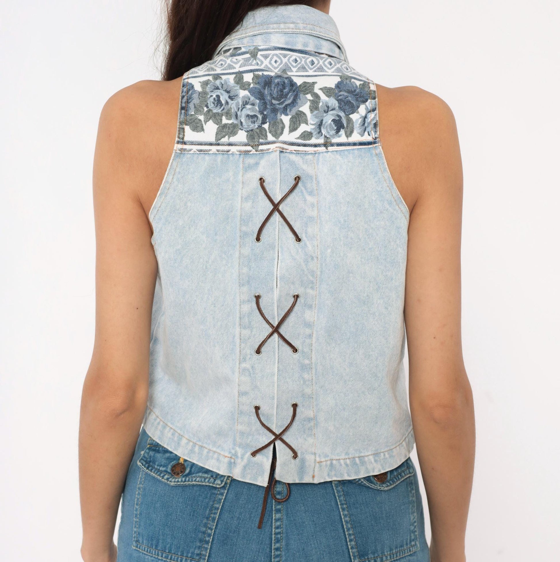 90s Sharnel Denim Vest Cropped Floral Lace-Up Back Light Wash Small