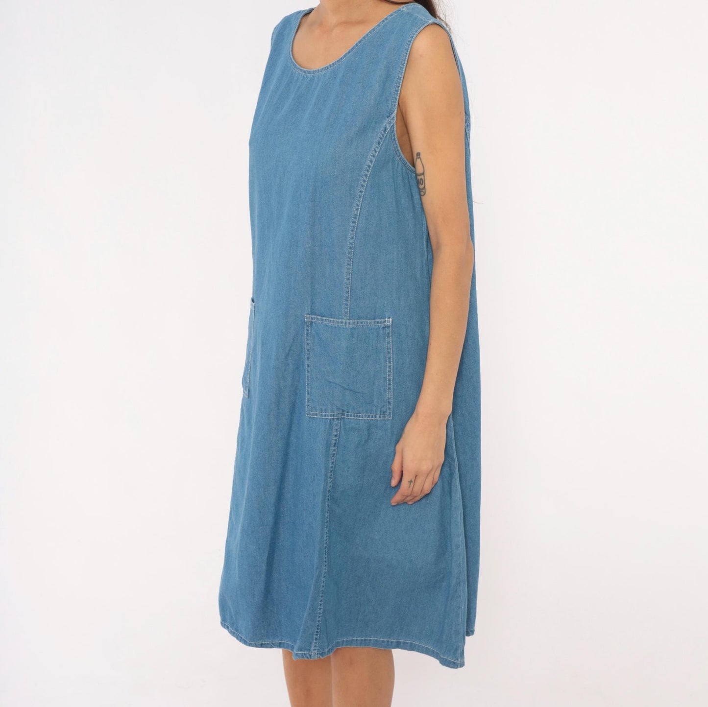 90s Denim Jazz Jumper Dress Sleeveless Scoop Neck Blue Shift Large L