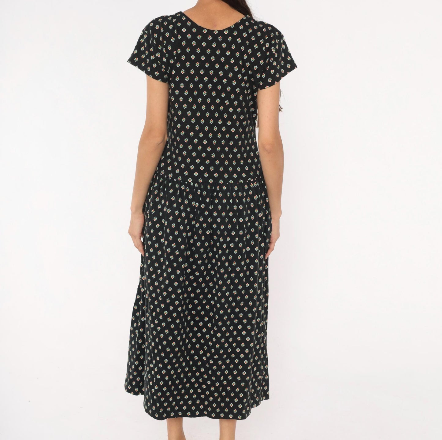 90s LizSport Foulard Print Midi Dress Black Cotton Short Sleeve Medium M