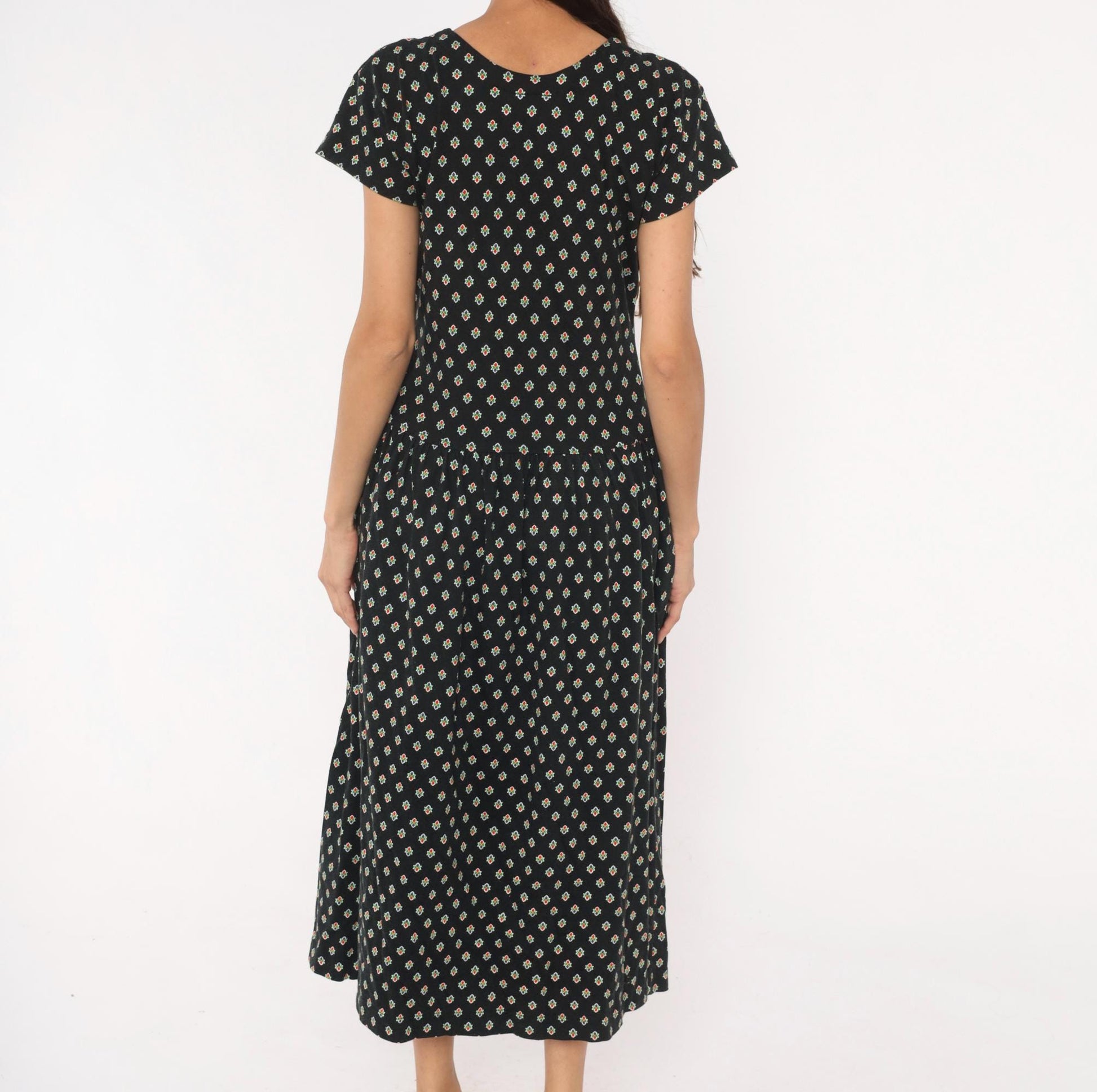 90s LizSport Foulard Print Midi Dress Black Cotton Short Sleeve Medium M