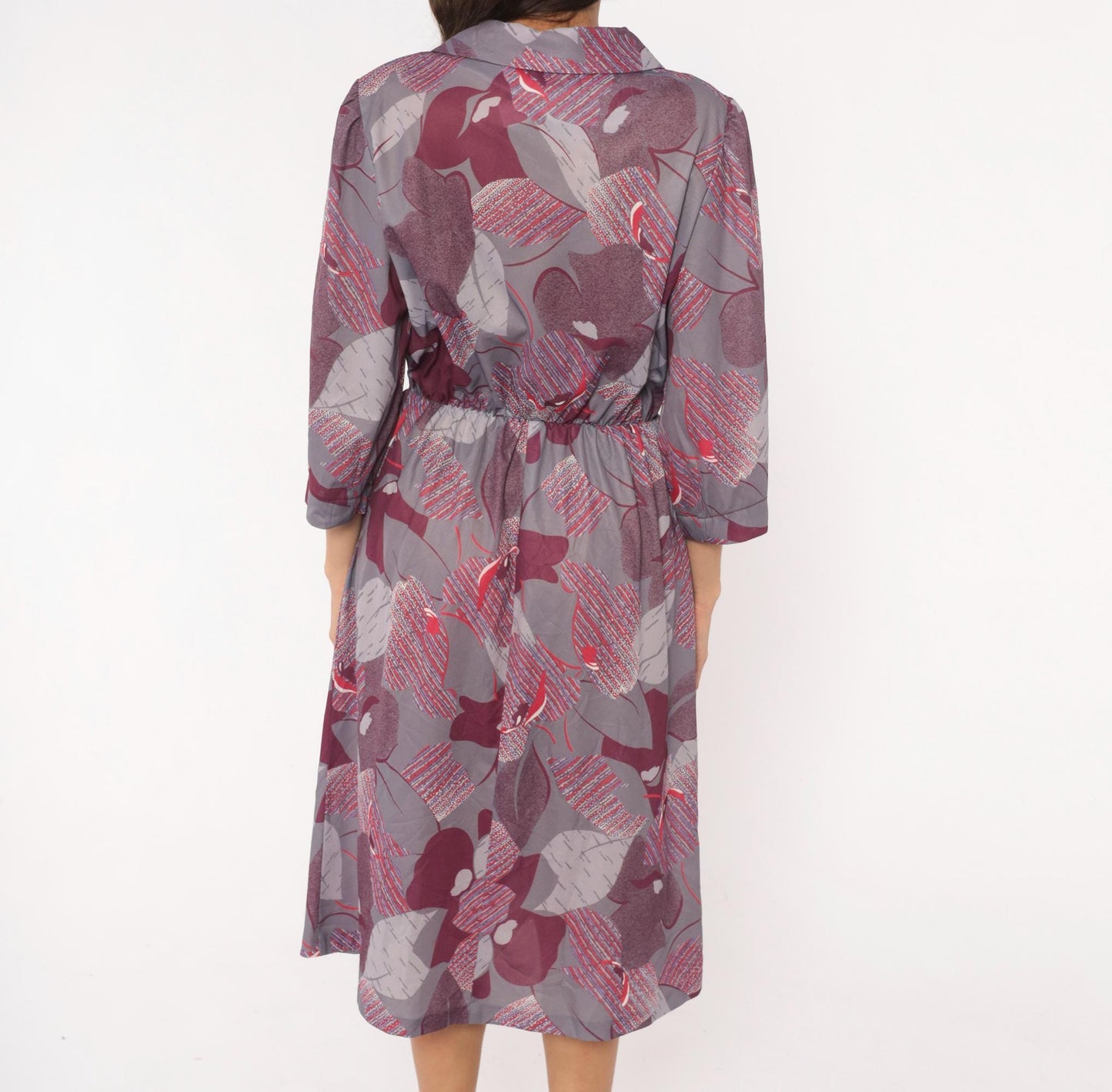 70s Abstract Leaf Floral Button Front Dress Grey Burgundy Knee-Length Medium M