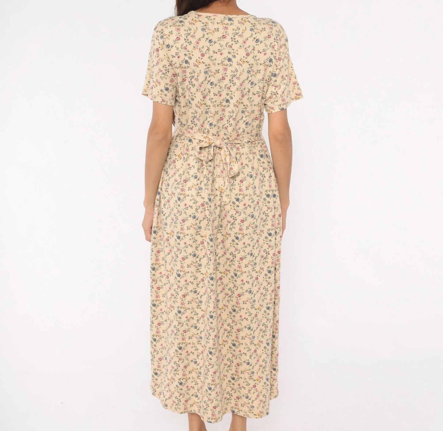 90s Blair Ditsy Floral Maxi Dress Cream Cotton Prairie V-Neck Medium Petite