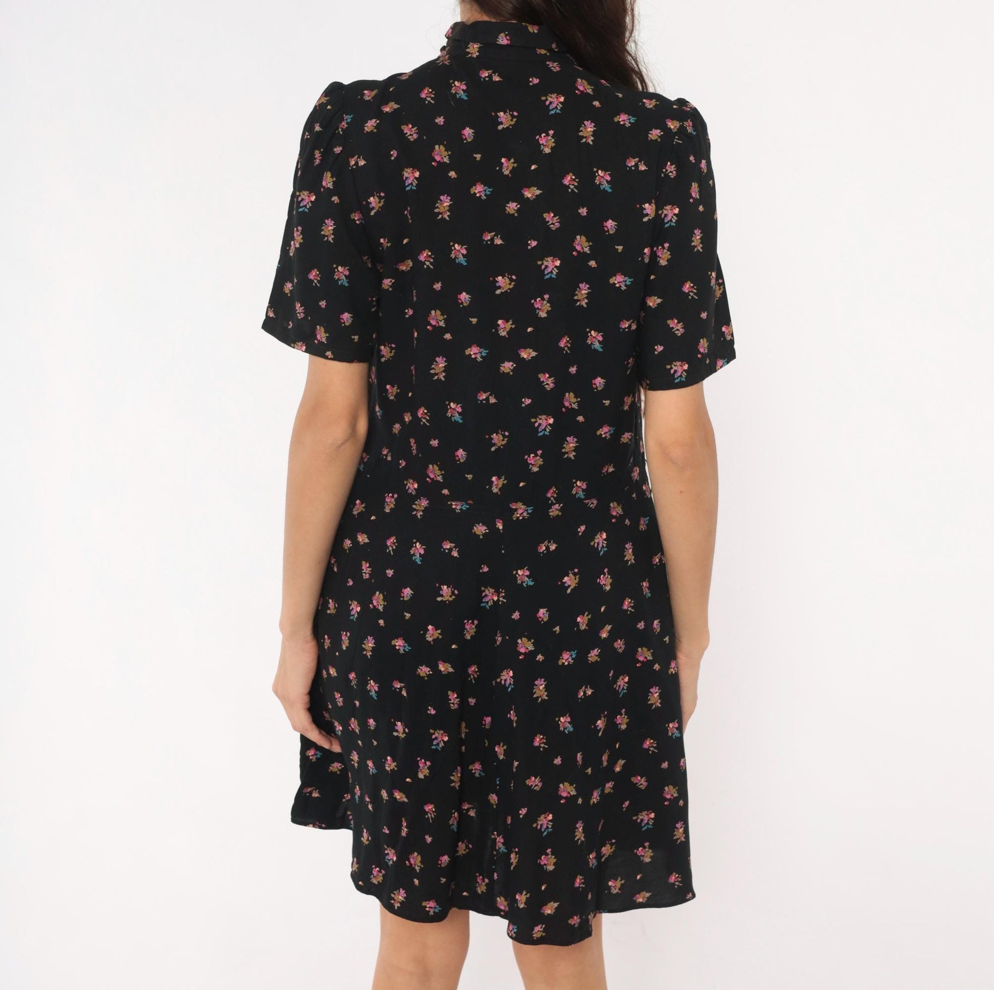 80s Belle France Ditsy Floral Babydoll Mini Dress Black Puff Sleeve Medium